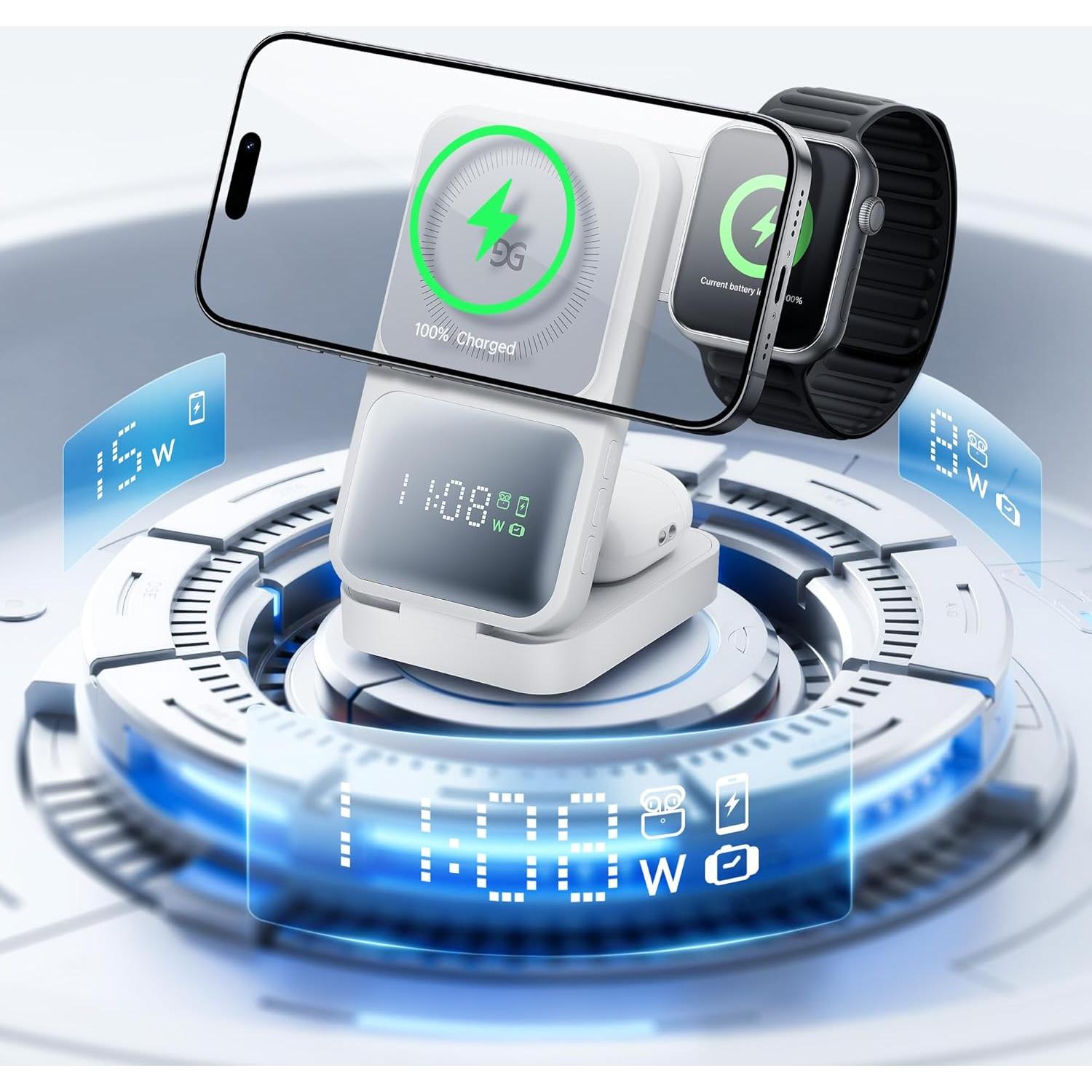 Estación de Carga Inalámbrica 3 en 1 GUSGU con Pantalla