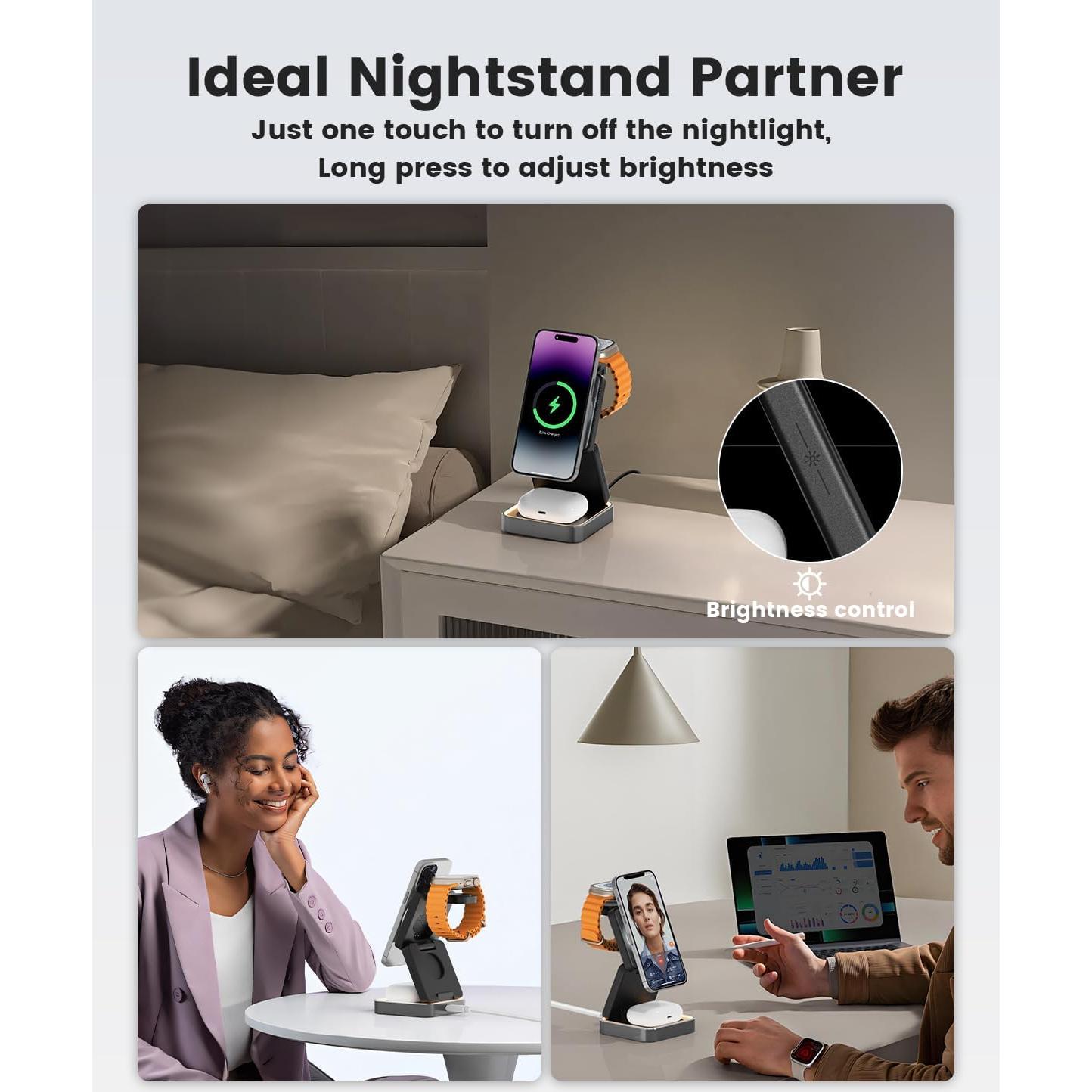 Cargador Inalámbrico 3 en 1 BODSEIEOU 15W para iPhone, Apple Watch y AirPods