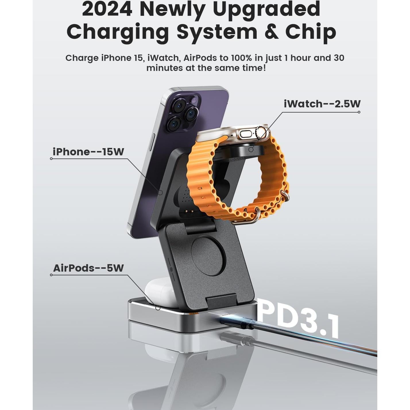 Cargador Inalámbrico 3 en 1 BODSEIEOU 15W para iPhone, Apple Watch y AirPods