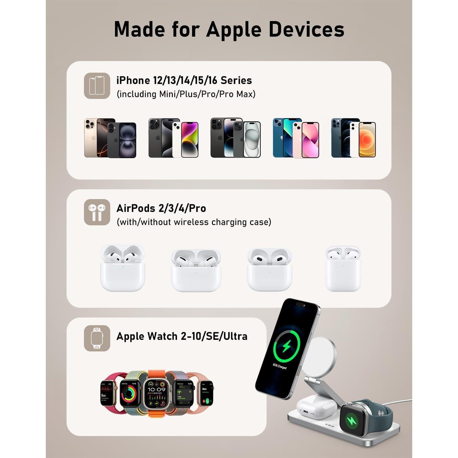 Estación de Carga Inalámbrica 3 en 1 VBA para Apple - Blanco