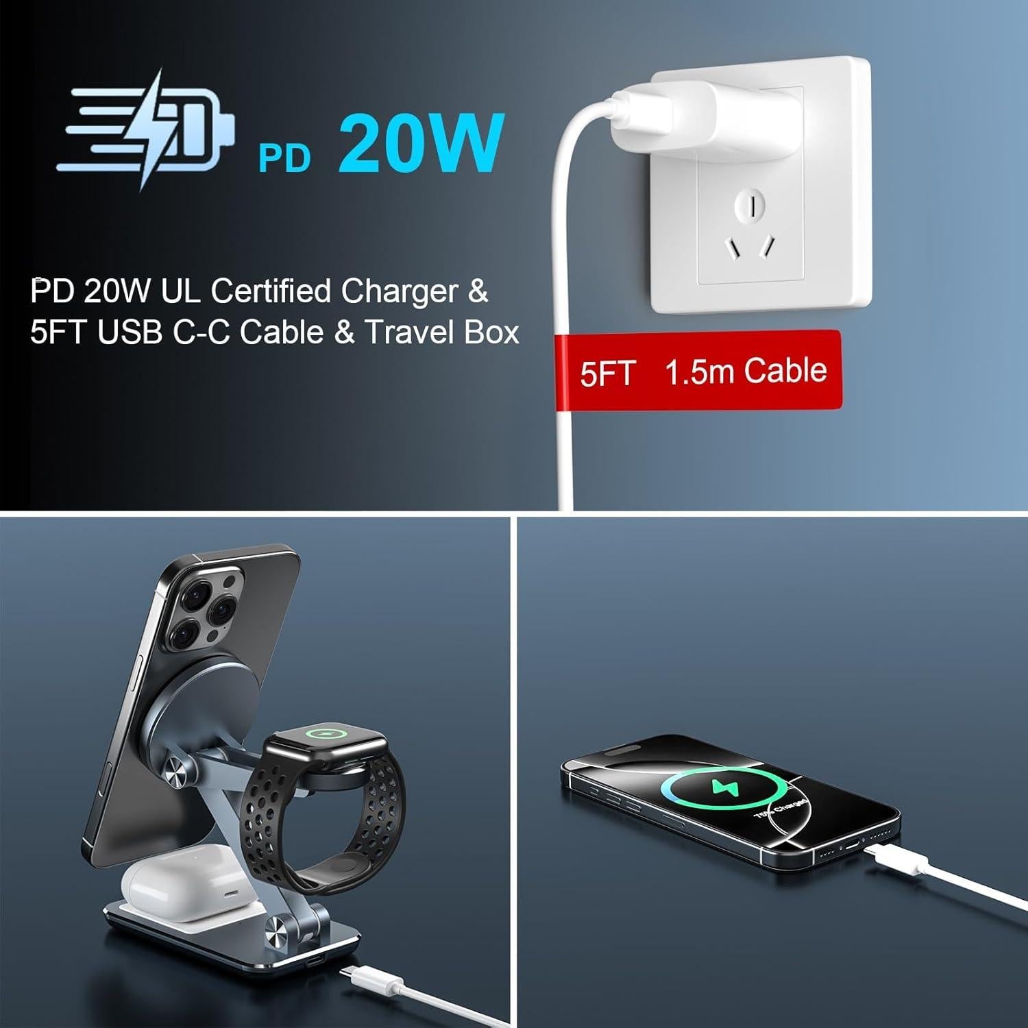 Cargador Inalámbrico 3 en 1 Egognaw para iPhone, Apple Watch y AirPods