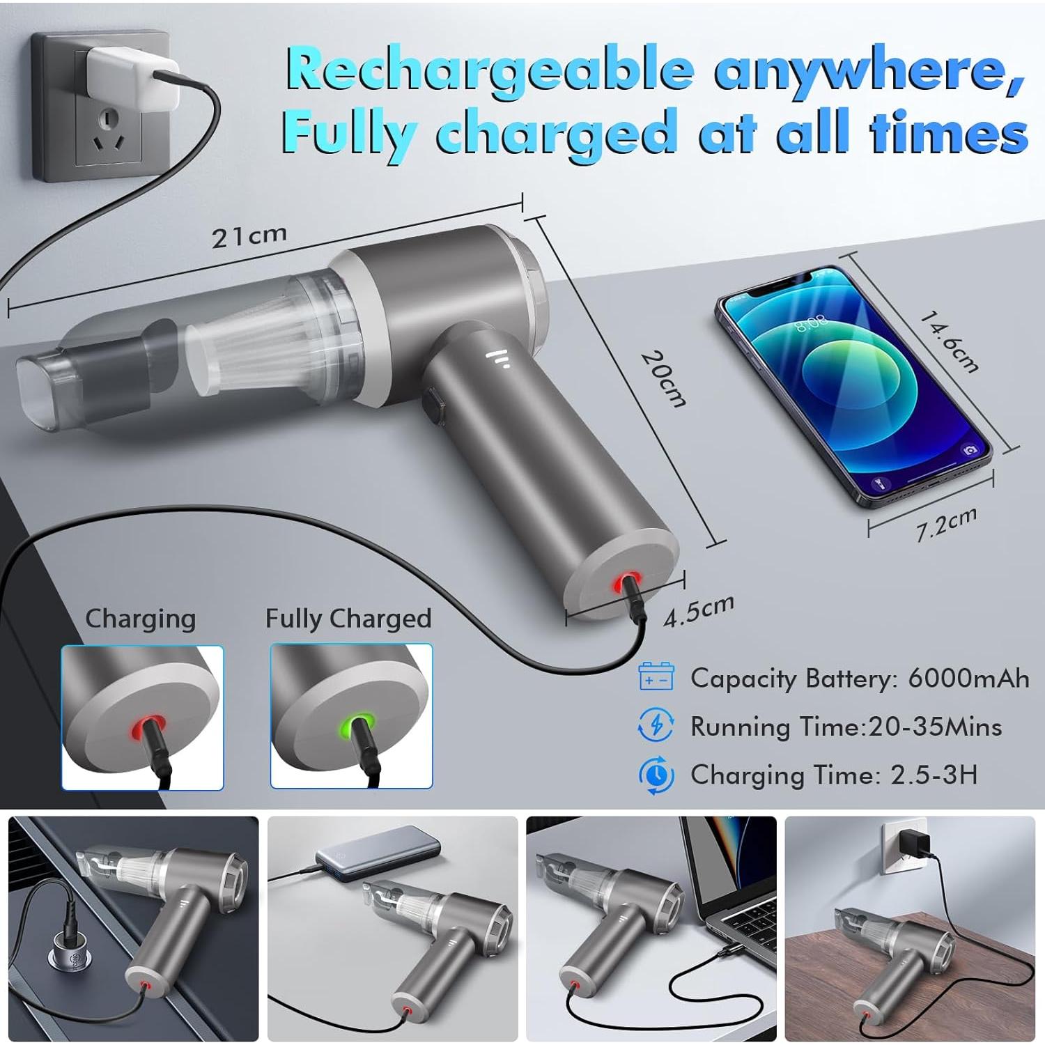 Aspiradora de Coche Inalámbrica TANGOTOK HL-127 20000PA Plata