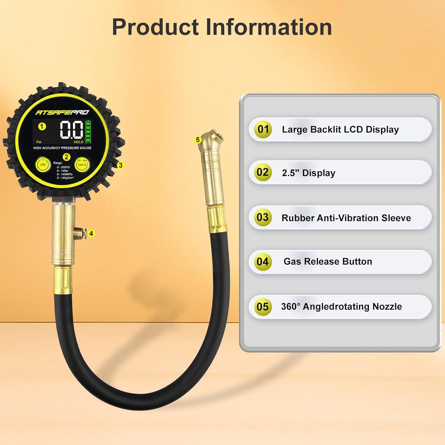 Medidor de presión de neumáticos digital ATsafepro 200 PSI