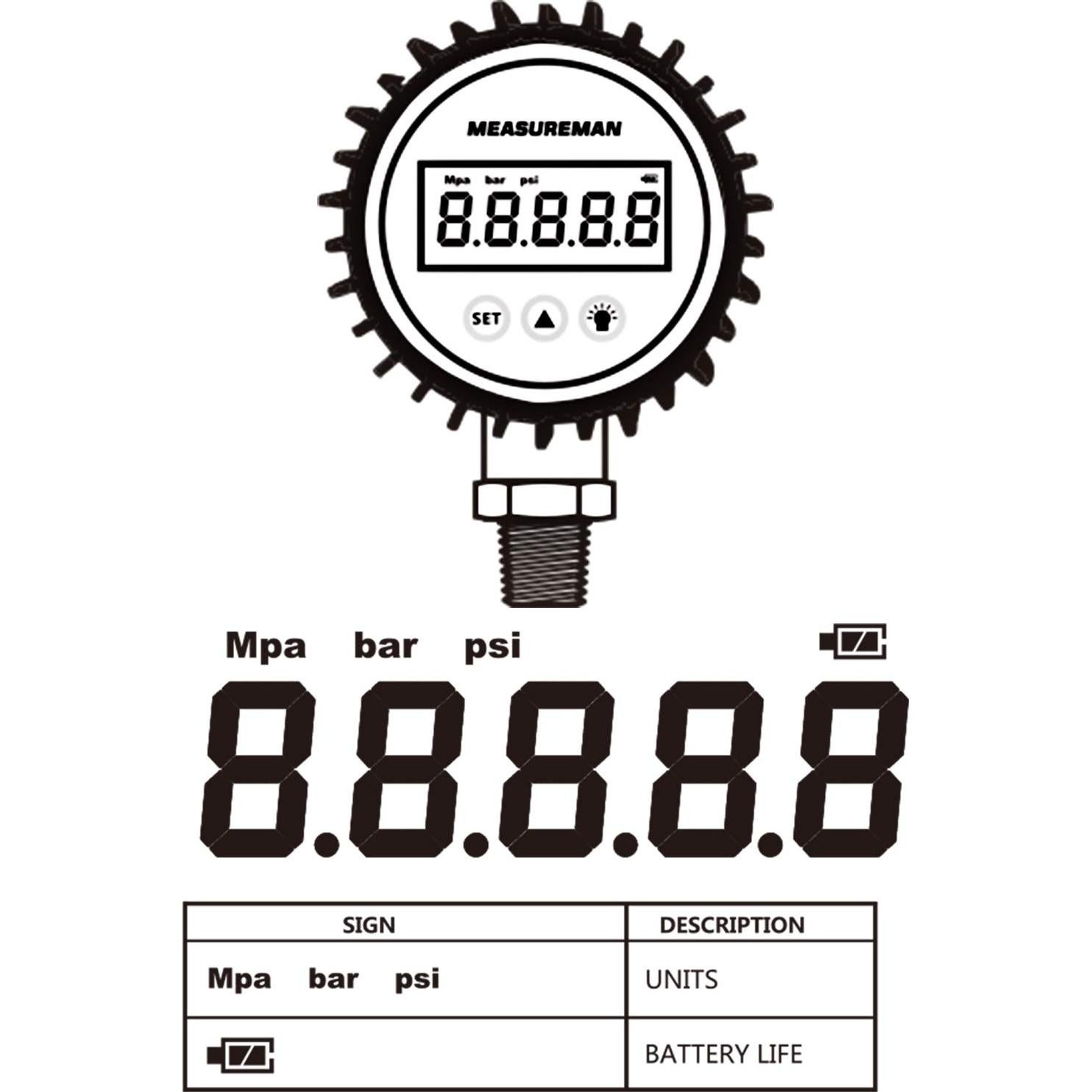 Manómetro Digital Measureman 0-5000psi 3-1/8" Dial Acero Inoxidable