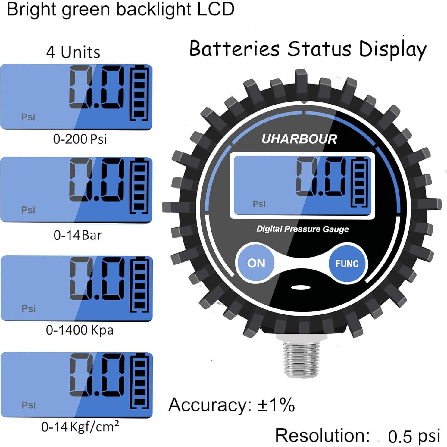 Manómetro Digital de Presión de Aire Uharbour 5-200 PSI
