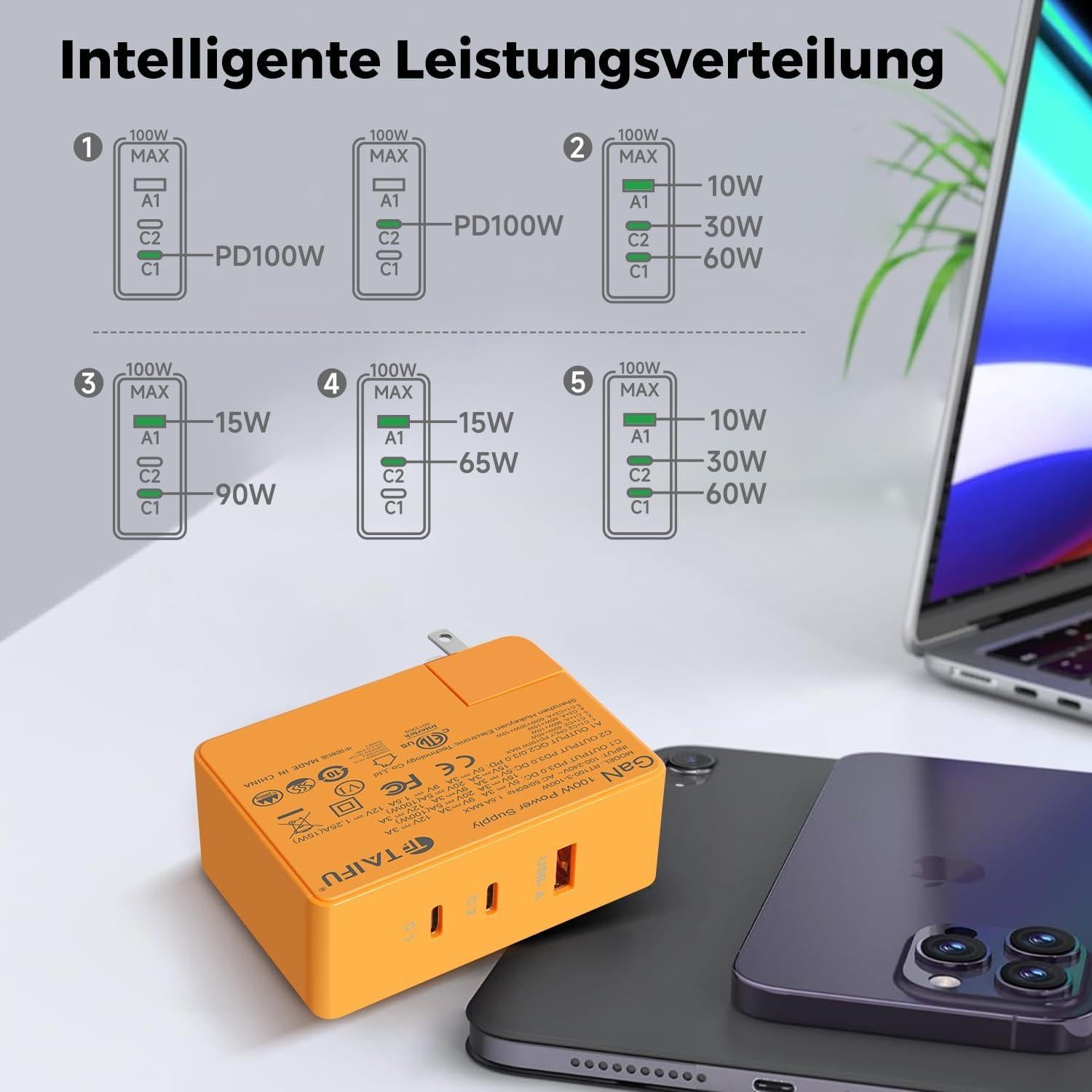 Cargador Taifu 100W USB-C Mini GaN 3 Puertos Carga Rápida