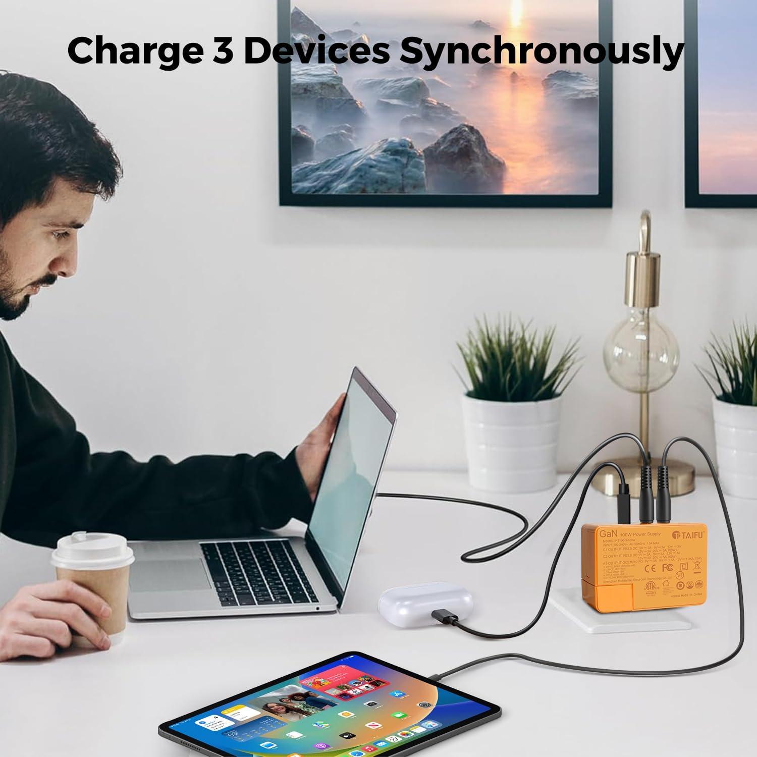 Cargador Taifu 100W USB-C Mini GaN 3 Puertos Carga Rápida