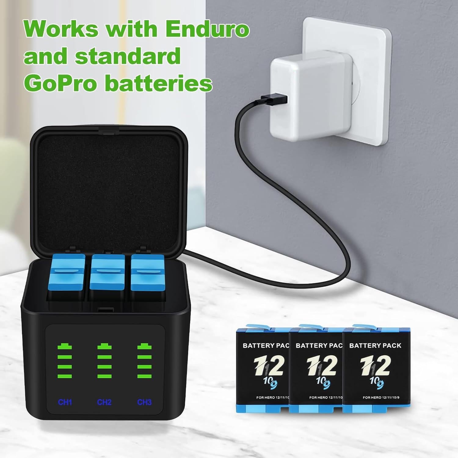 Kits de Cargador y Baterías 2000mAh para GoPro Hero 12/11/10/9