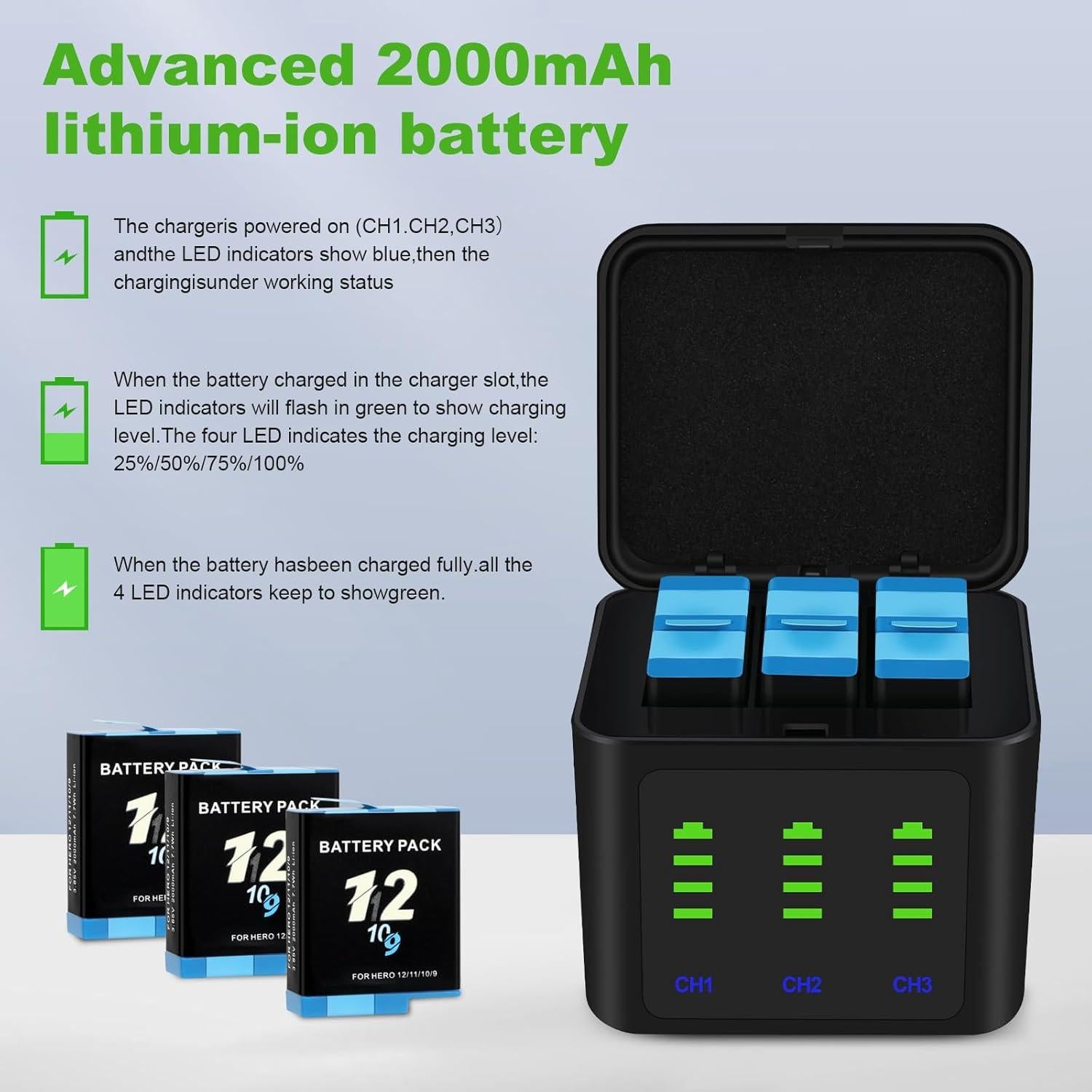 Kits de Cargador y Baterías 2000mAh para GoPro Hero 12/11/10/9