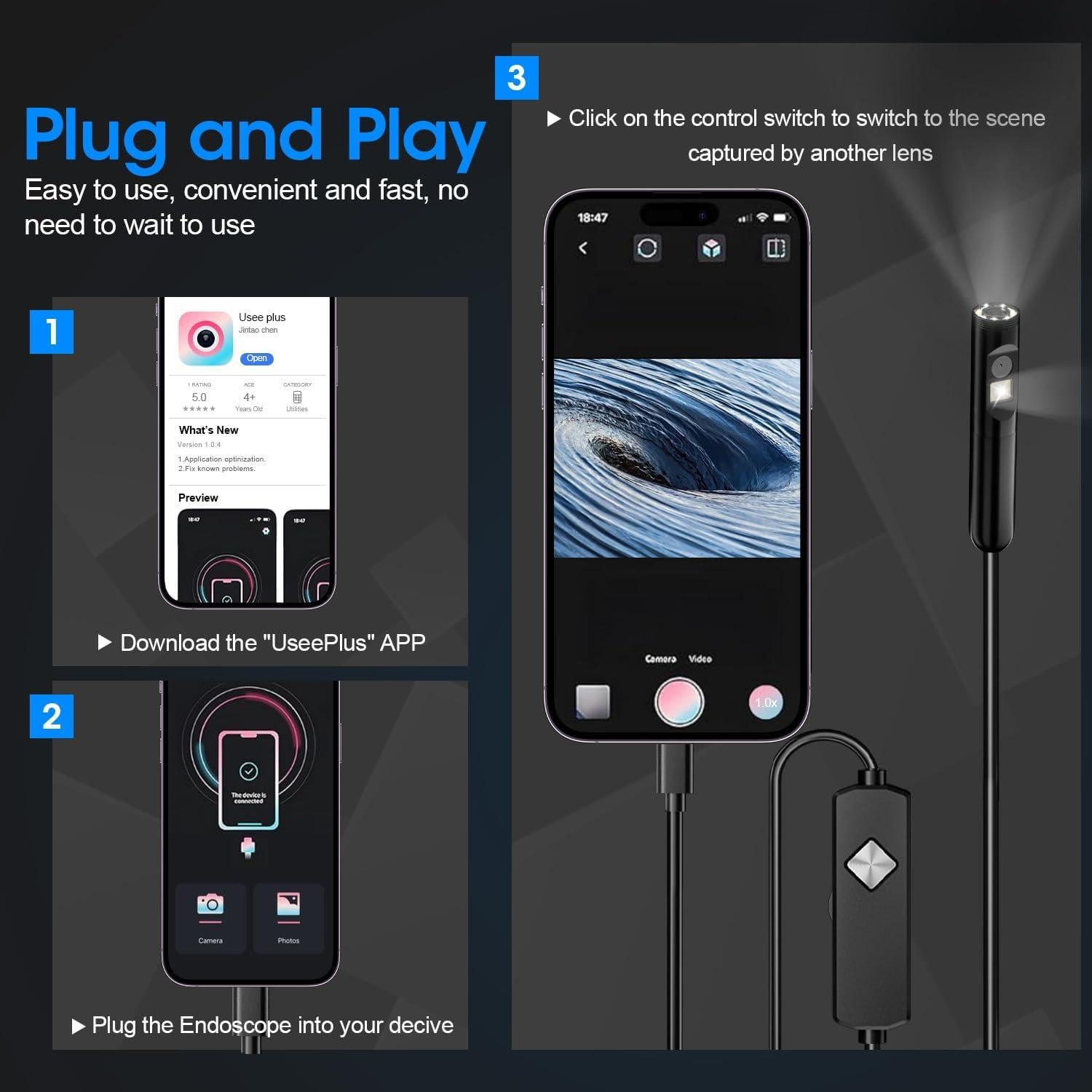 Endoscopio Doble Lente PAPIBLU 1920P HD 5 Metros IP67