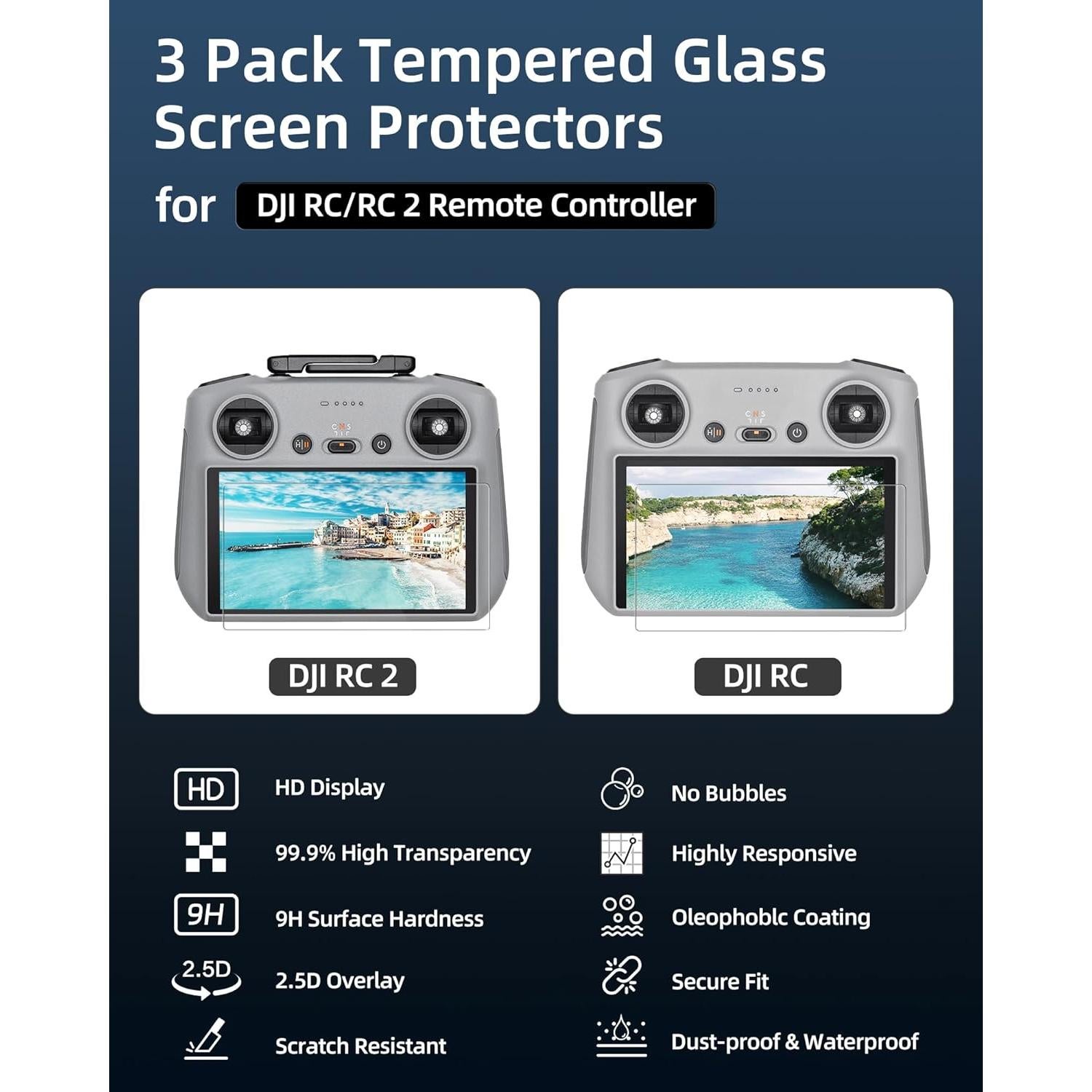 Paquete de 3 Protectores de Pantalla Vidrio Templado DJI RC/RC2