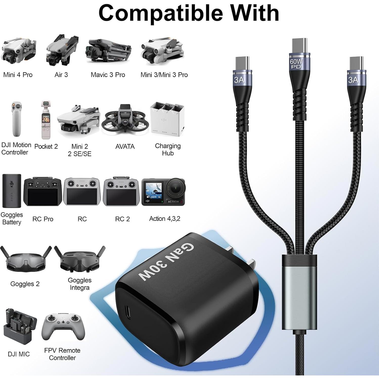 Cargador Rápido 30W PD 3 en 1 USB-C para Drones DJI