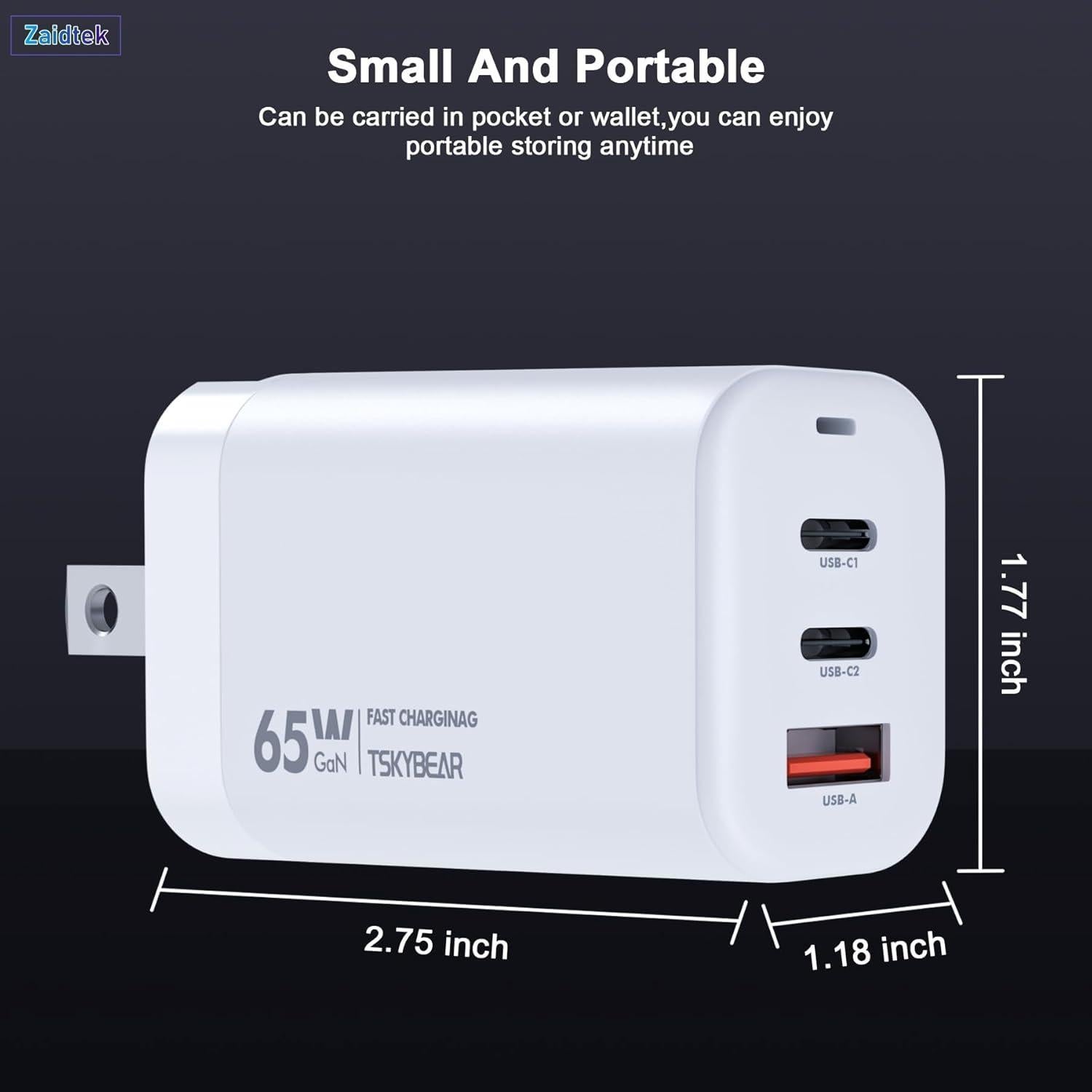 Cargador USB C Zaidtek 65W GaN 3 Puertos para Drones DJI