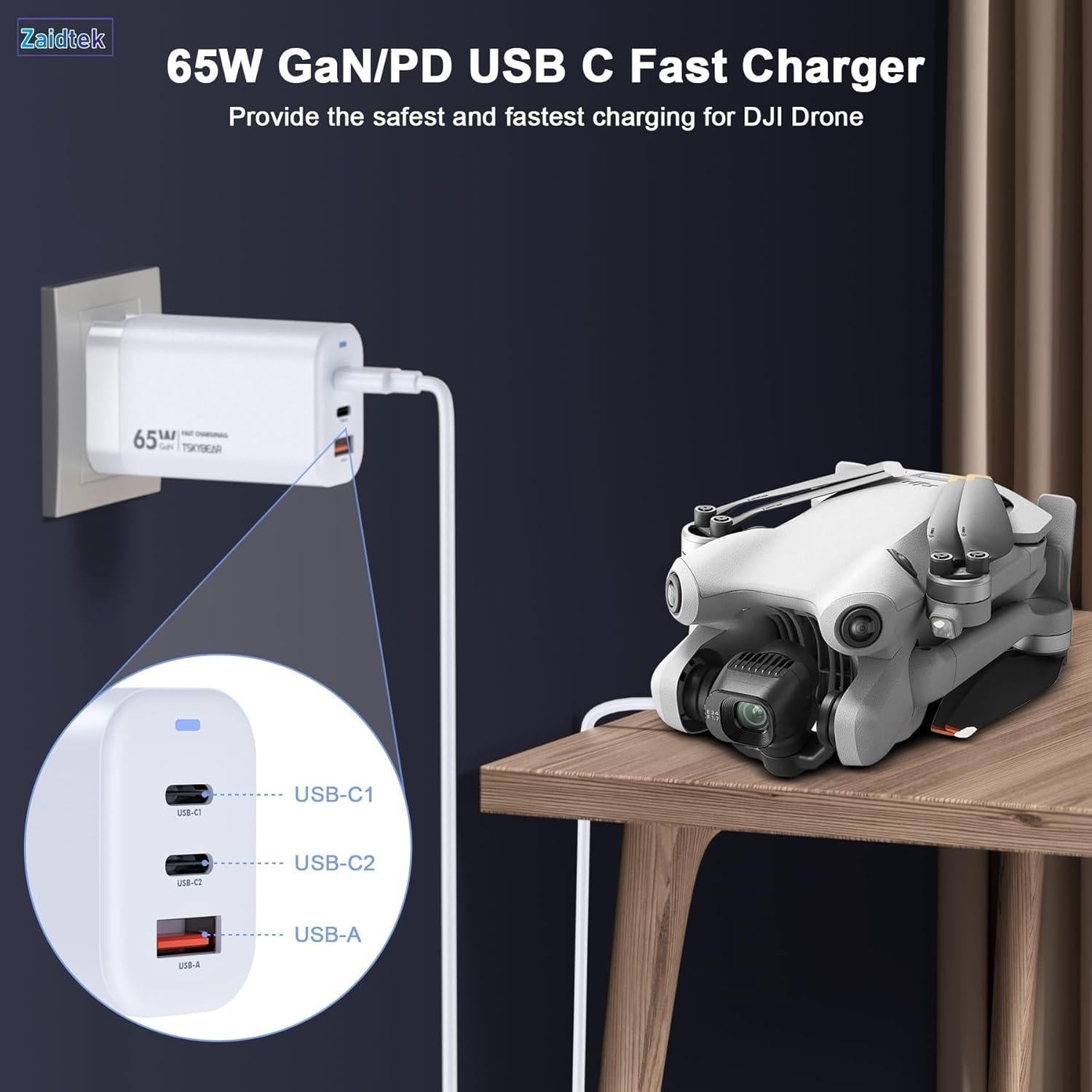 Cargador USB C Zaidtek 65W GaN 3 Puertos para Drones DJI