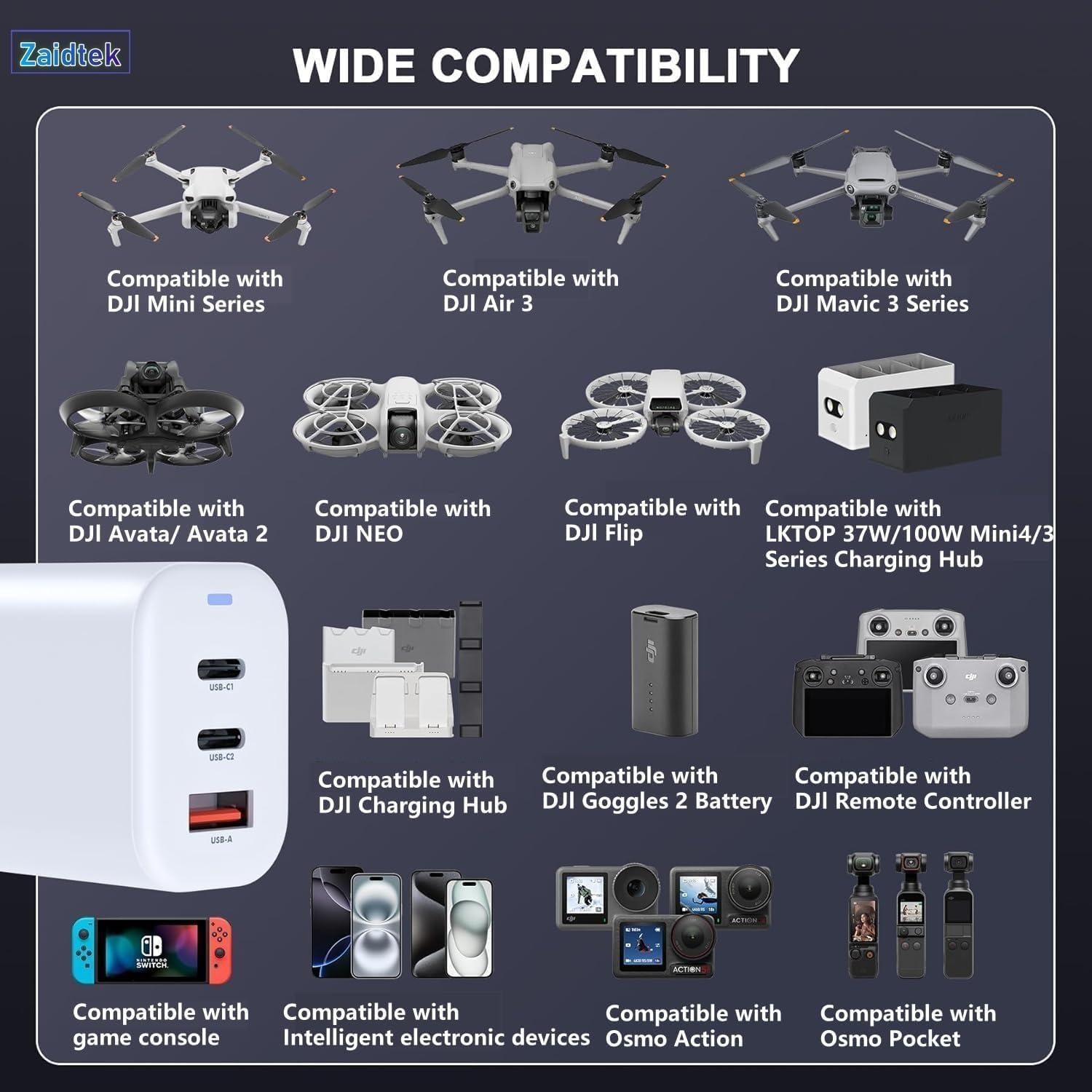 Cargador USB C Zaidtek 65W GaN 3 Puertos para Drones DJI