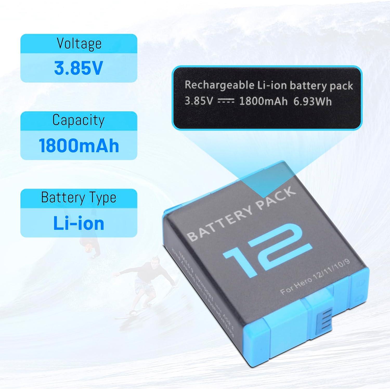 Paquete de 2 Baterías Hero 12 para GoPro 12/11/10/9 - Carga Rápida