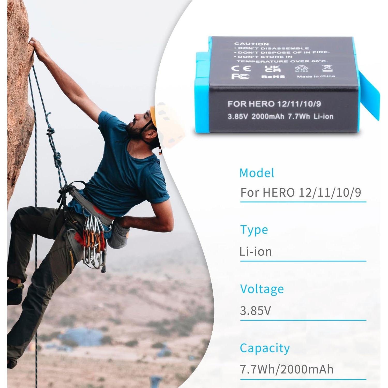 Batería de Reemplazo GoPro Hero 12/11/10/9 2000mAh + Cargador