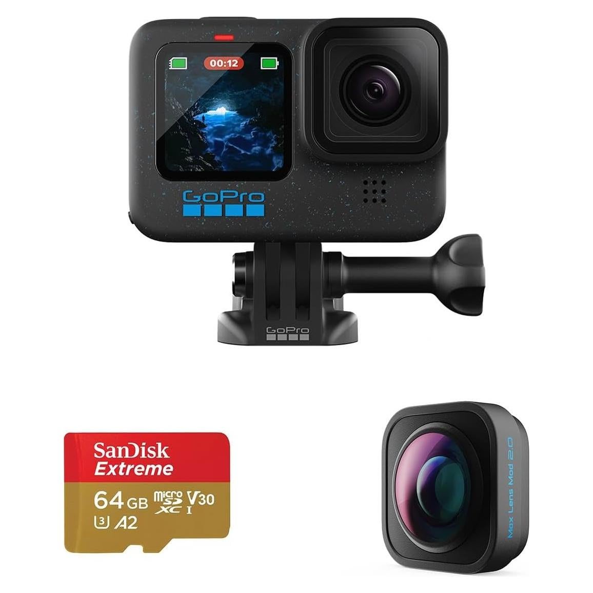Cámara GoPro HERO12 Black Impermeable + Max Lens Mod 2.0 + 64GB