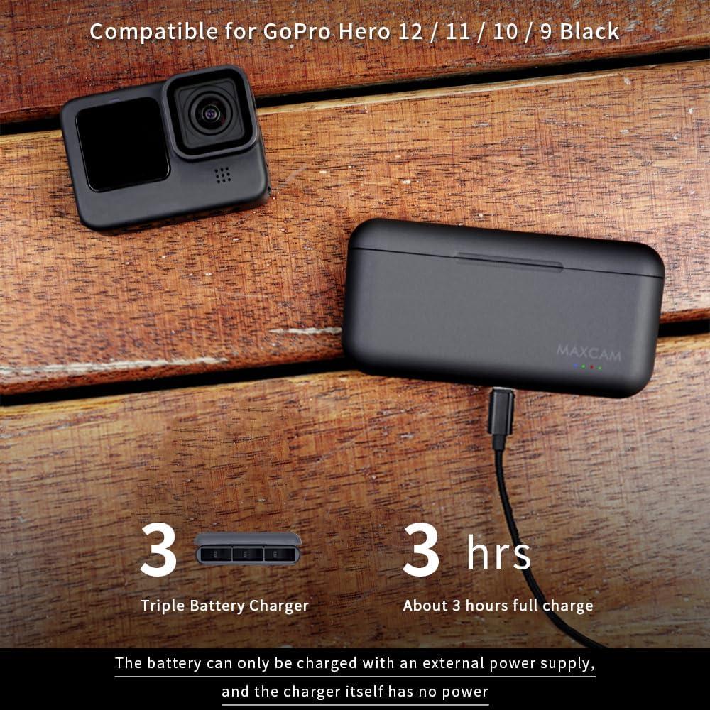Cargador de Batería Triple MAXCAM para GoPro HERO12/11/10/9