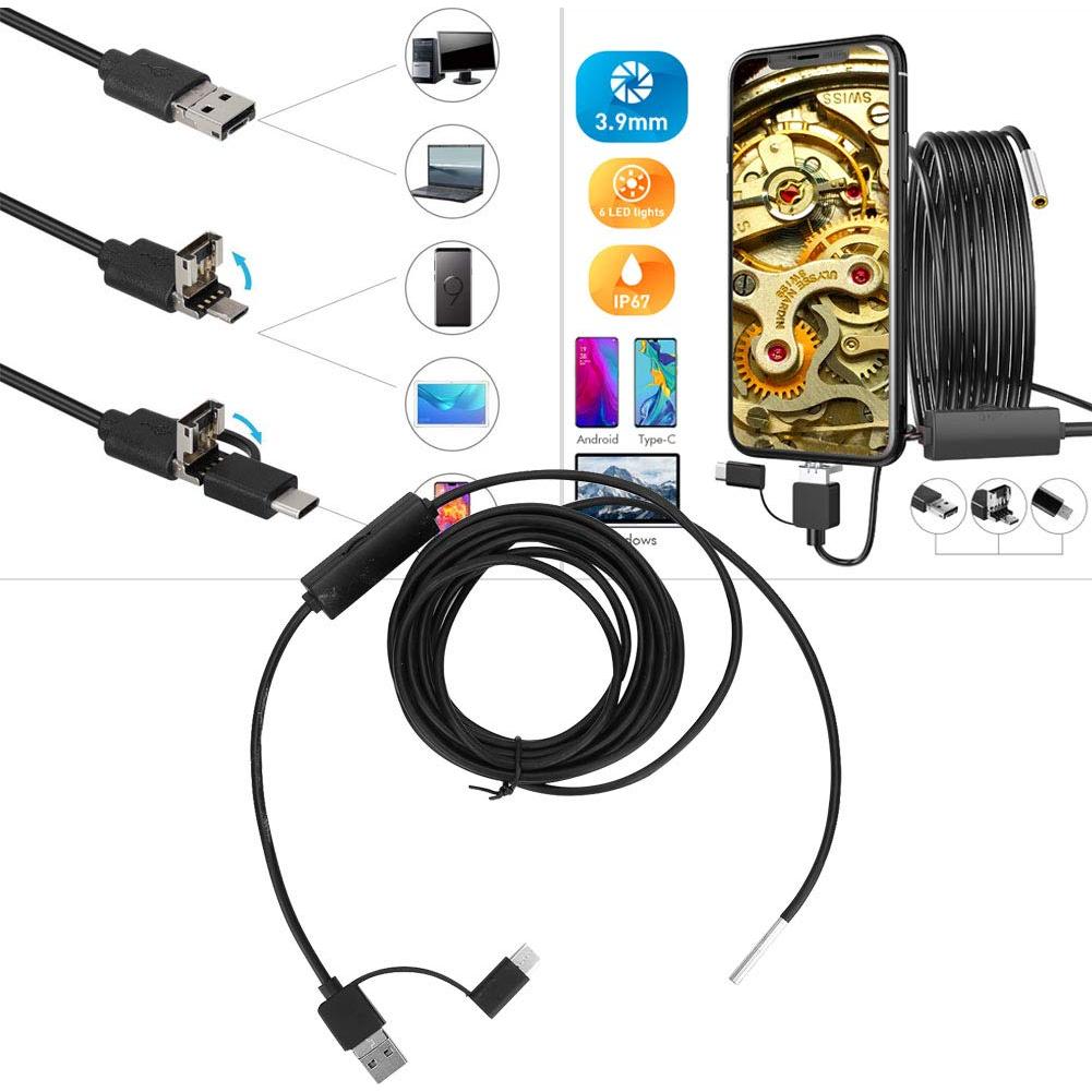 Endoscopio 3 en 1 Walfront 5m Cable Flexible 3.9mm HD