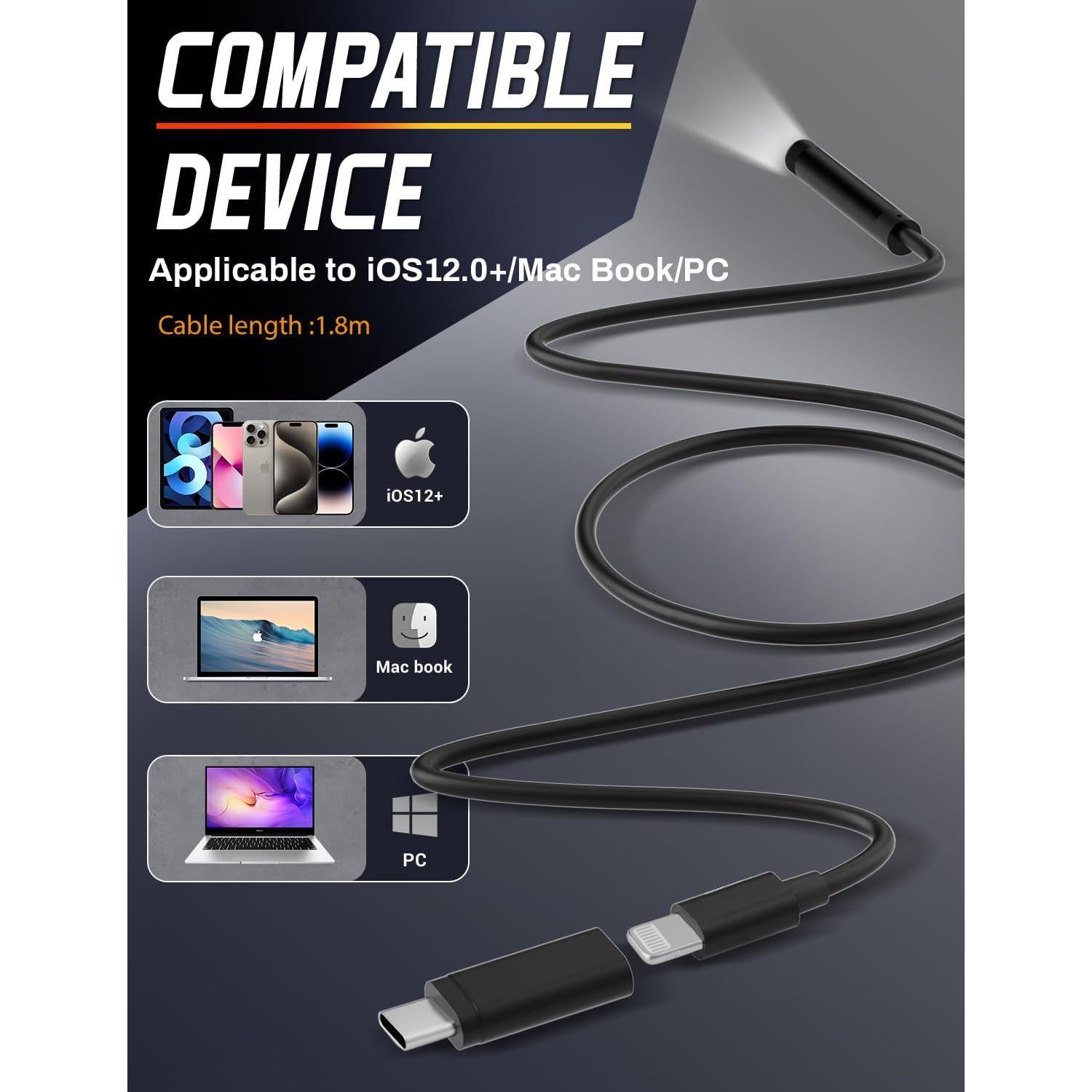 Cámara Endoscopio ZOIOT 1.83M HD 1920P IP67 8mm Luz LED