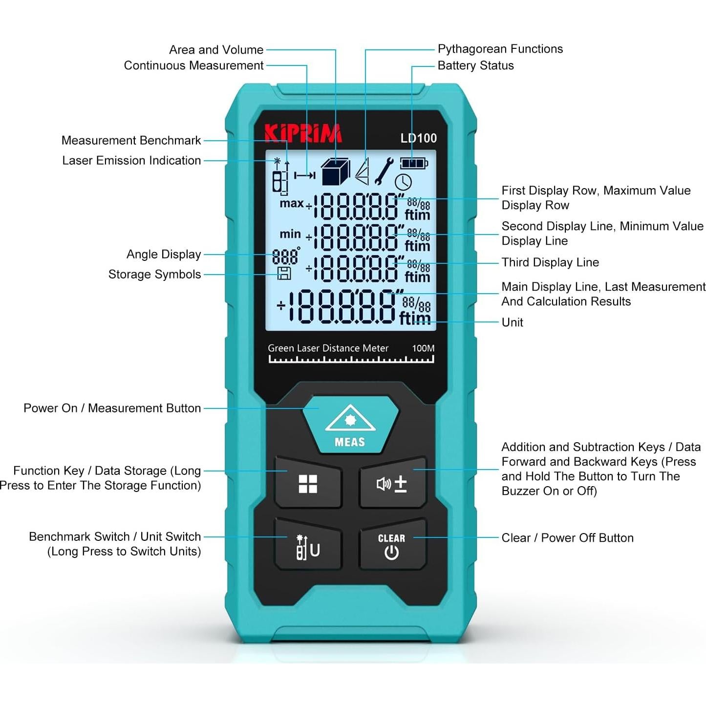 Medidor de Distancia Láser Verde Kiprim LD100 100m USB Recargable