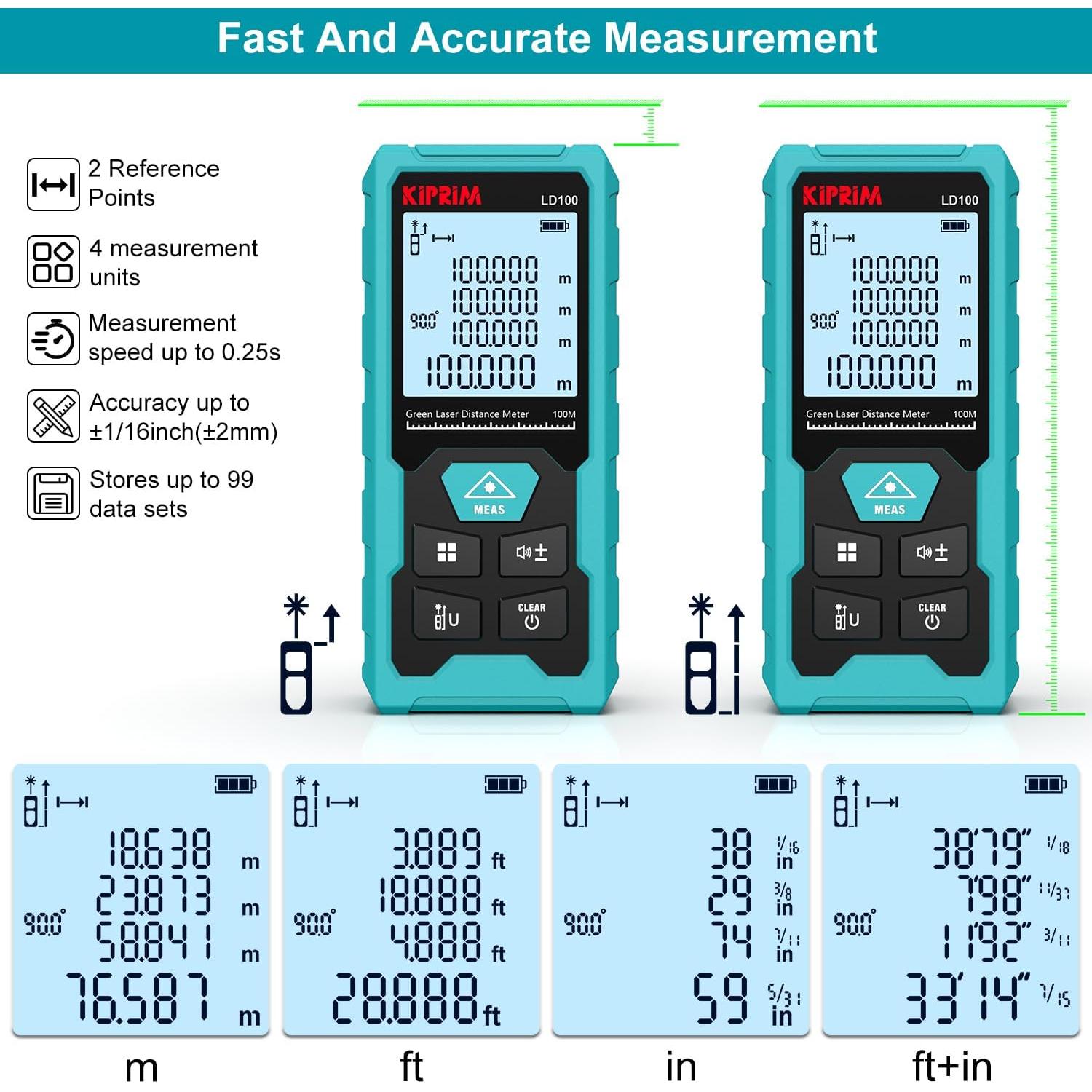 Medidor de Distancia Láser Verde Kiprim LD100 100m USB Recargable