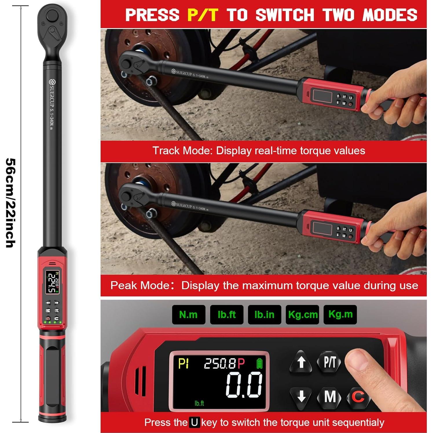 Llave de Torque Digital SUERCUP 1/2" 5.1-340Nm Precisión 1%
