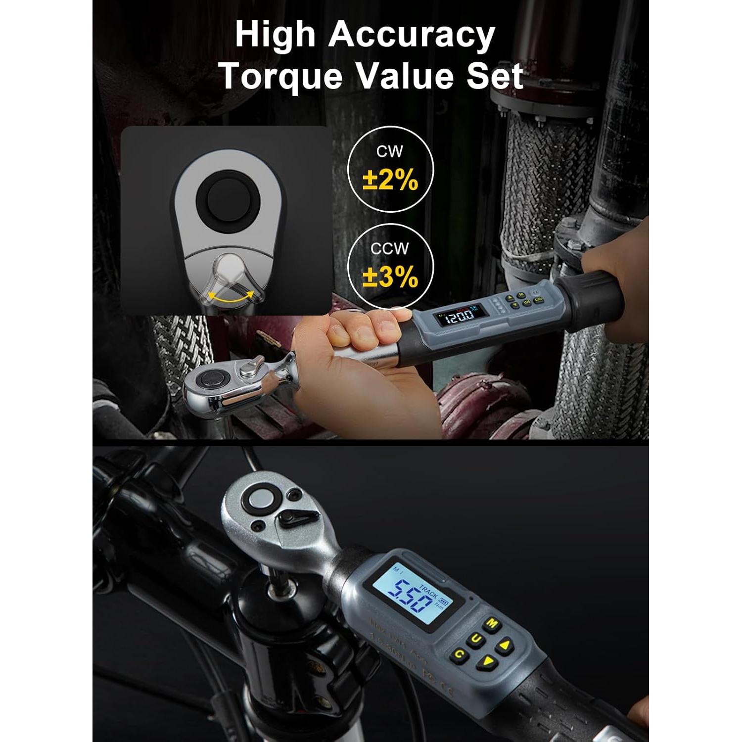 Juego de Llave de Torque Digital GROWNEER 1/4" y 1/2" 1.5-200 Nm