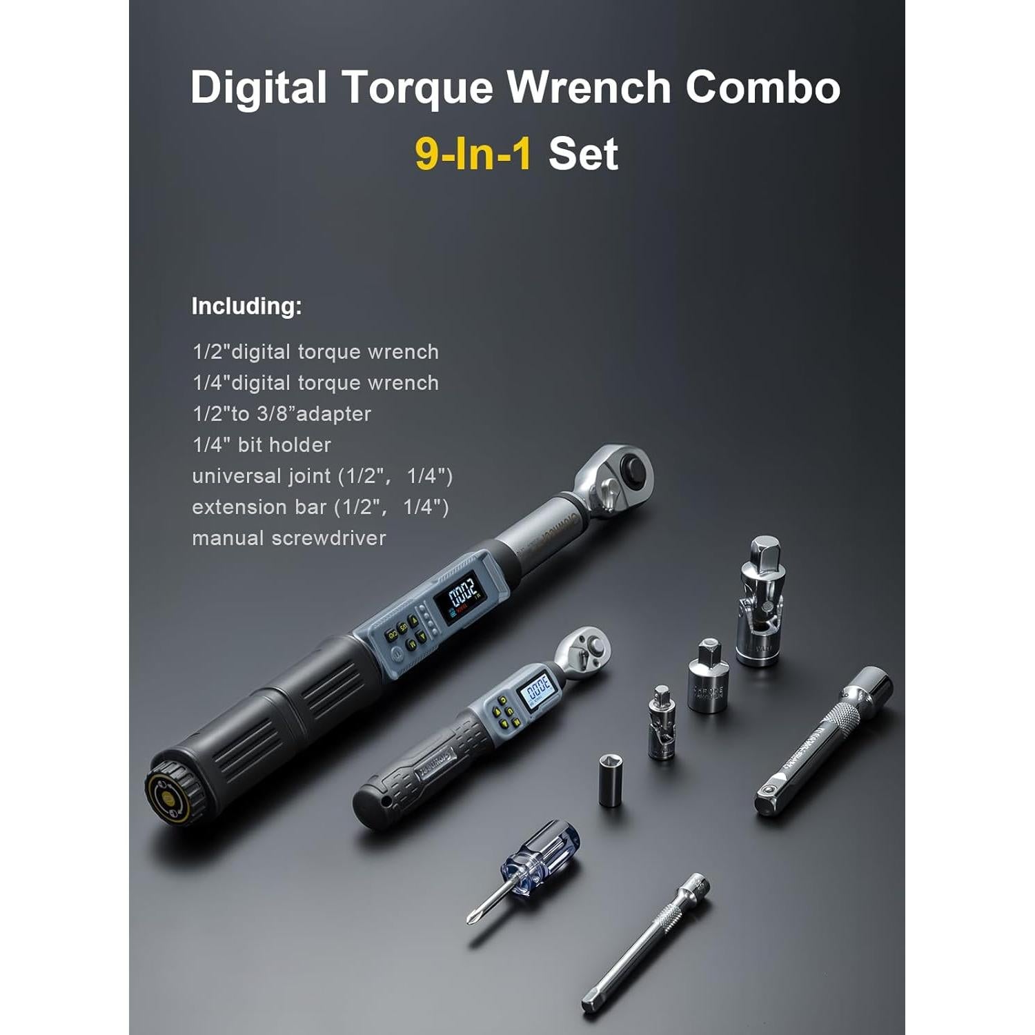 Juego de Llave de Torque Digital GROWNEER 1/4" y 1/2" 1.5-200 Nm