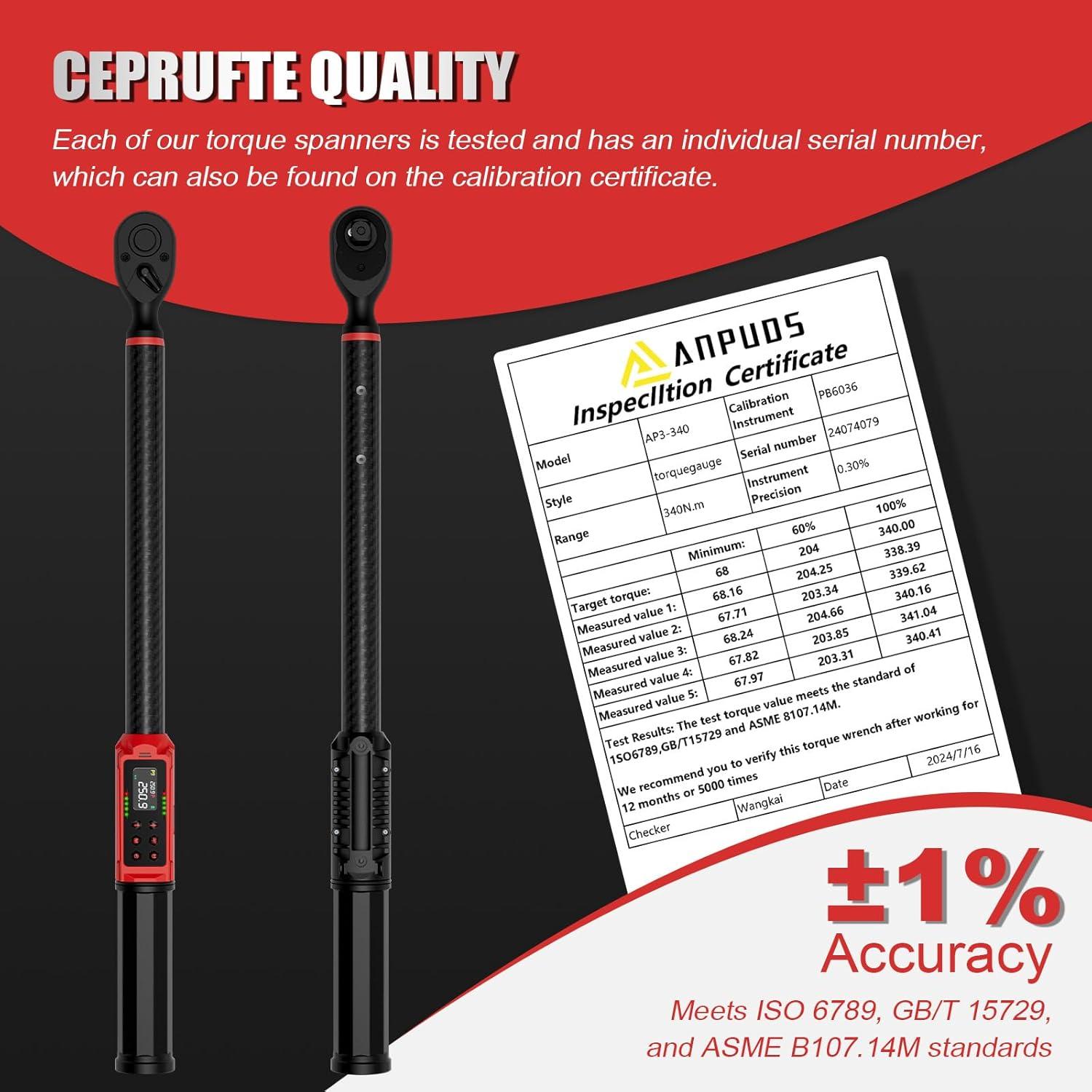 Llave de Torque Digital ANPUDS 1/2" 17-340Nm Fibra de Carbono
