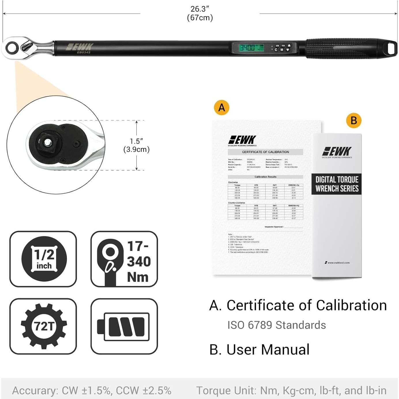 Llave de Torque Digital EWK 1/2" 17-340 Nm Alta Precisión