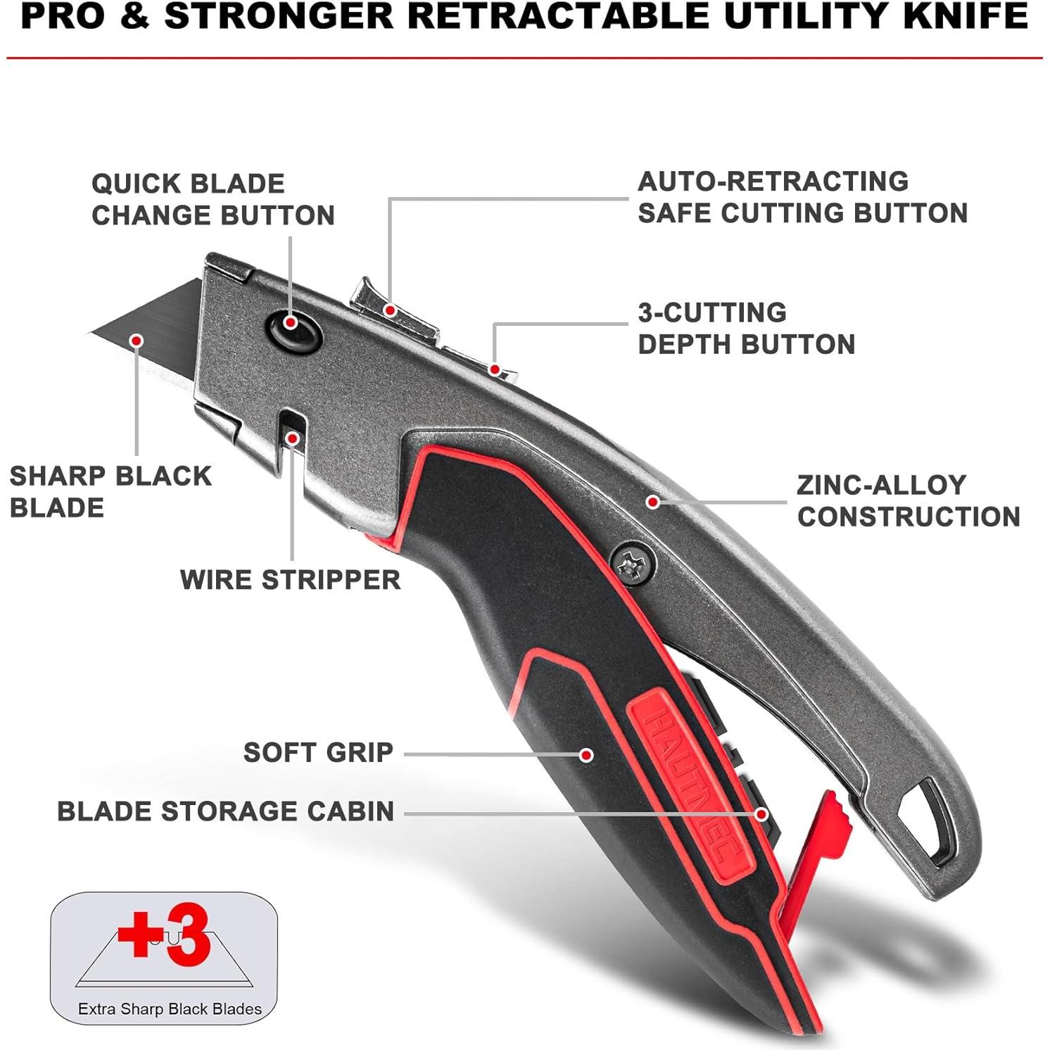 Cuchillo Utilitario HAUTMEC HT0311, Retráctil Automático, 3 Cuchillas