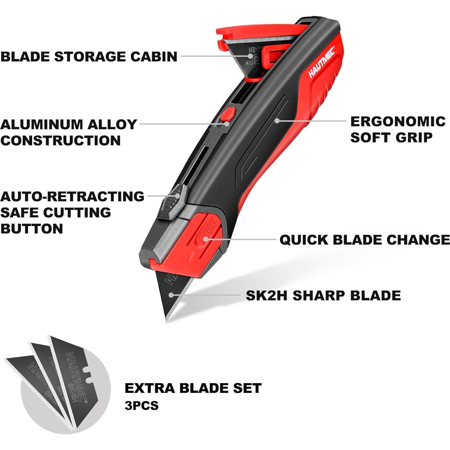 Cuchillo de Utilidad Retráctil HAUTMEC HT0414-KN con 4 Cuchillas