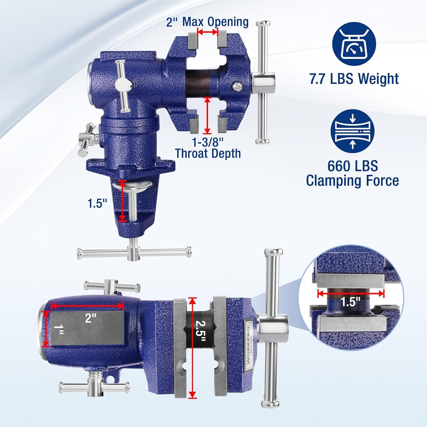 Mordaza de Mesa Giratoria WORKPRO 2.5" y 1.5" para Carpintería