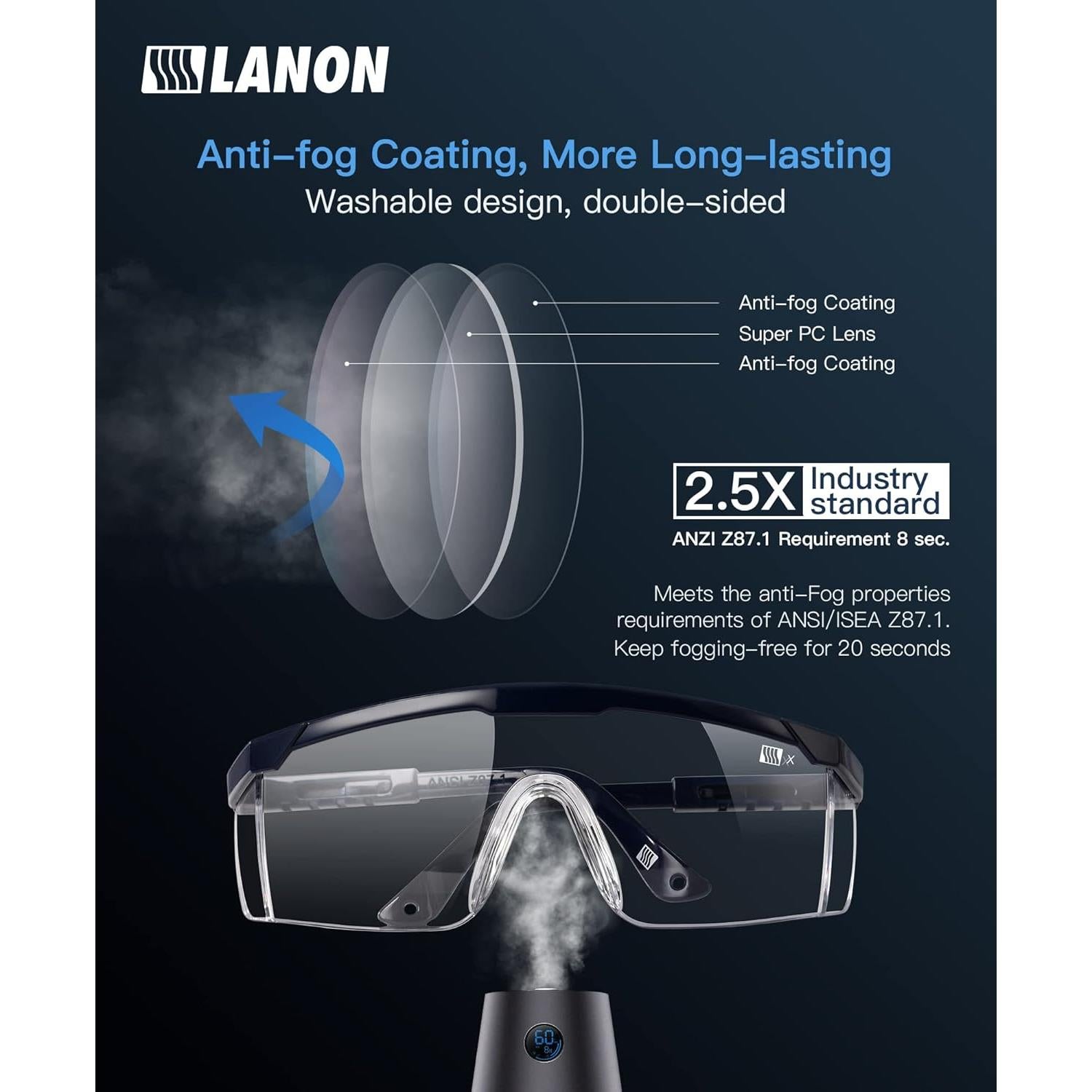 Gafas de Seguridad LANON Anti-Niebla 2.5x ANSI Z87.1 Ajustables