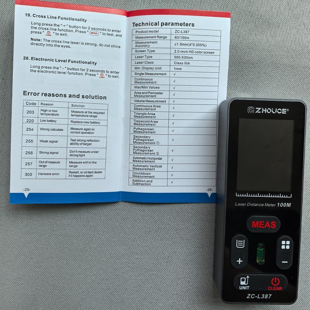 Medidor de Distancia Láser Digital ZHOUCE 60m Rango 100m