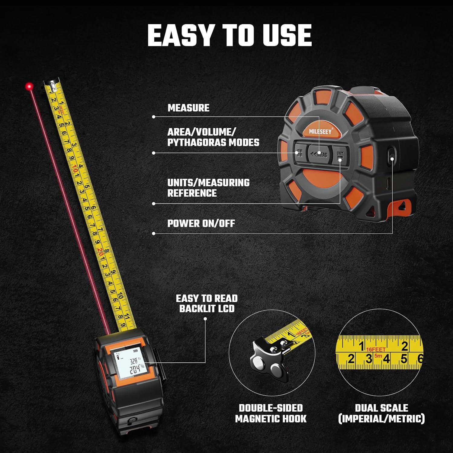 Cinta Métrica Láser 2-en-1 MILESEEY DT11 4.88m y 40m