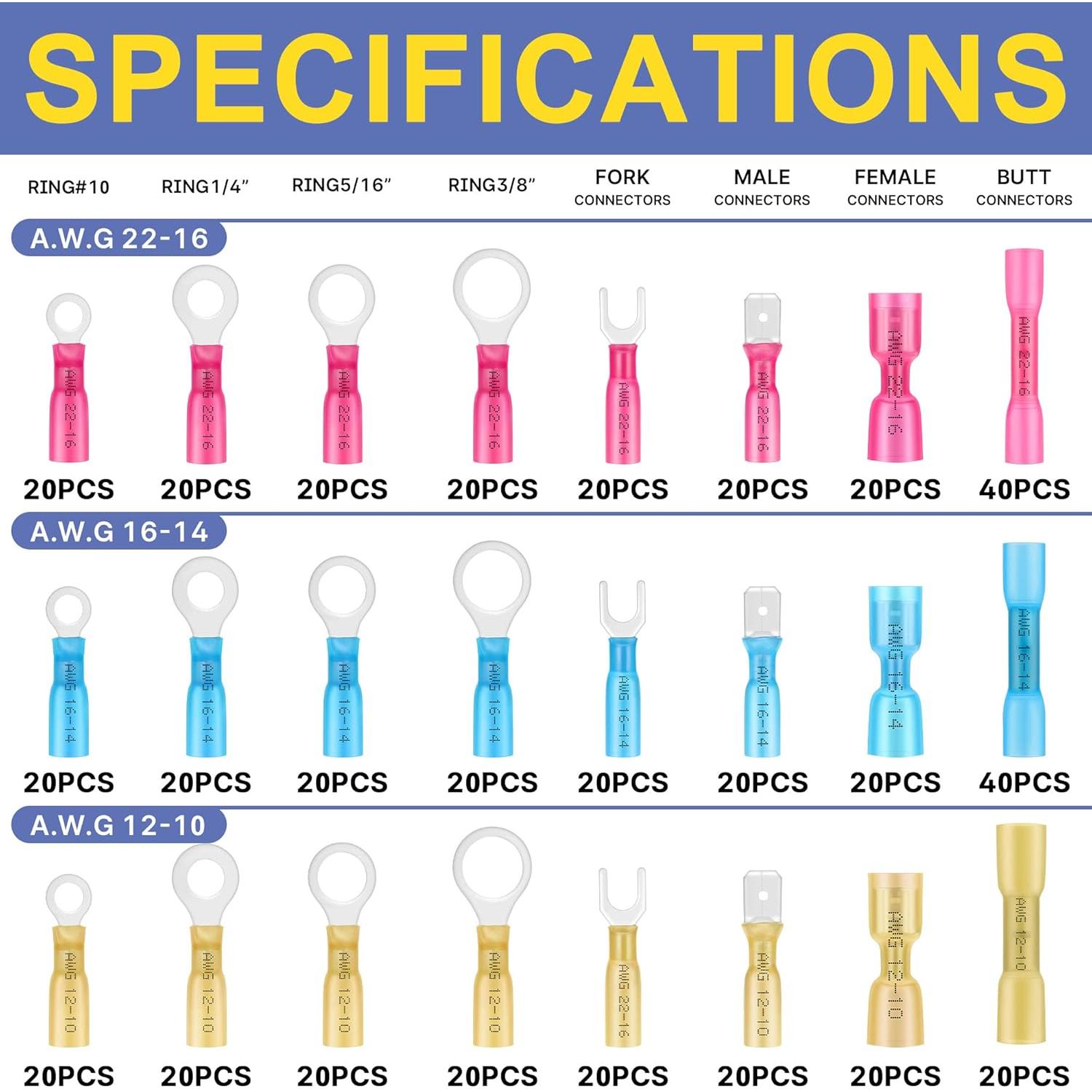 Kit de Conectores de Calor Haisstronica 520PCS Cobre Rojo 16-14 22-16 12-10