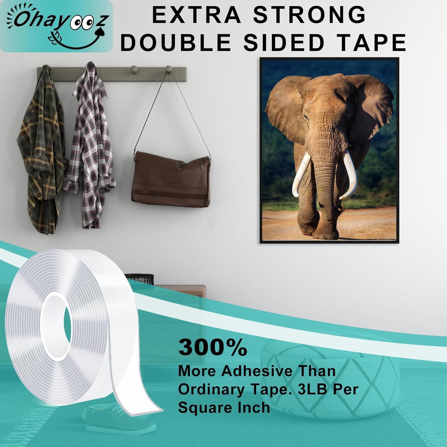 Ohayooz® Extra Strong Double Sided Tape Heavy Duty Removable 10FT, Clear Sticky Nano Adhesive Wall Tape for Hanging Picture, Poster, Carpet, Photo Deco
