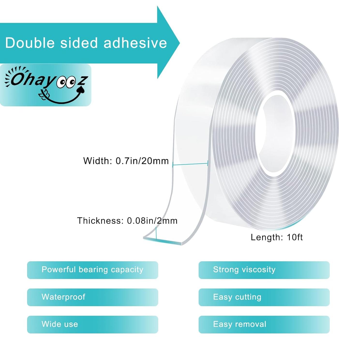 Ohayooz® Extra Strong Double Sided Tape Heavy Duty Removable 10FT, Clear Sticky Nano Adhesive Wall Tape for Hanging Picture, Poster, Carpet, Photo Deco
