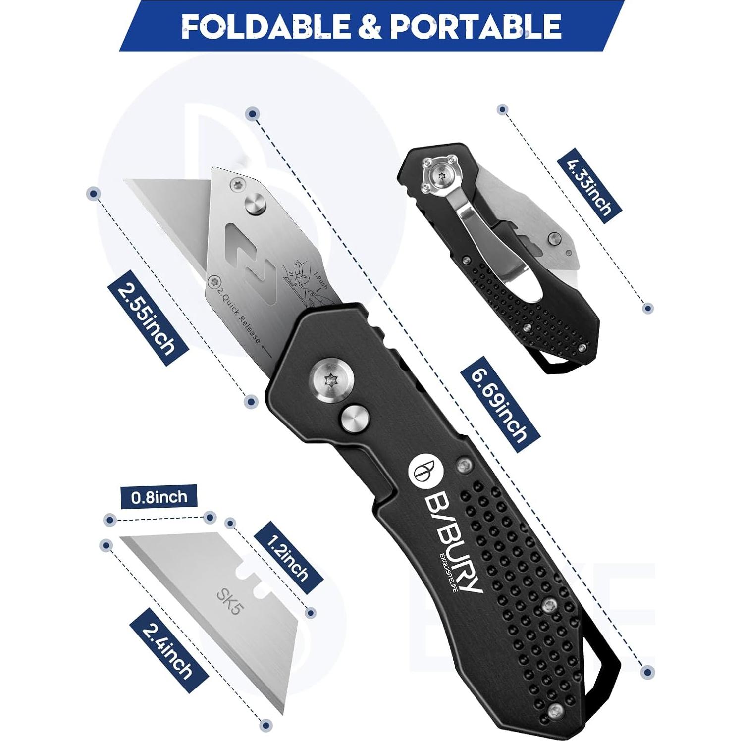 Cuchillo Utility BIBURY Negro con 10 Cuchillas Reemplazables