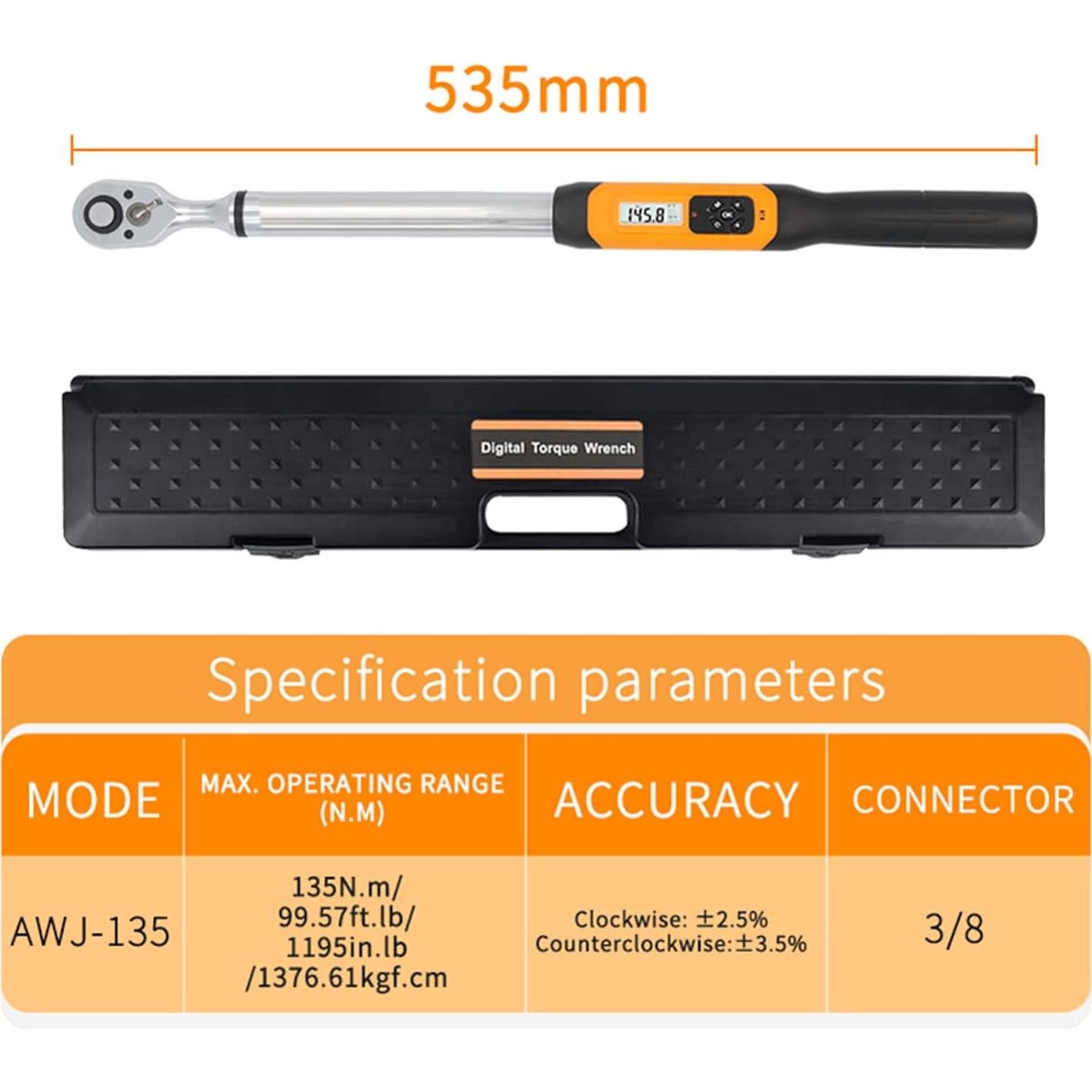 Llave de Torque Digital Reversible FridayParts AWJ-135B 1/2" 6.75-135 Nm