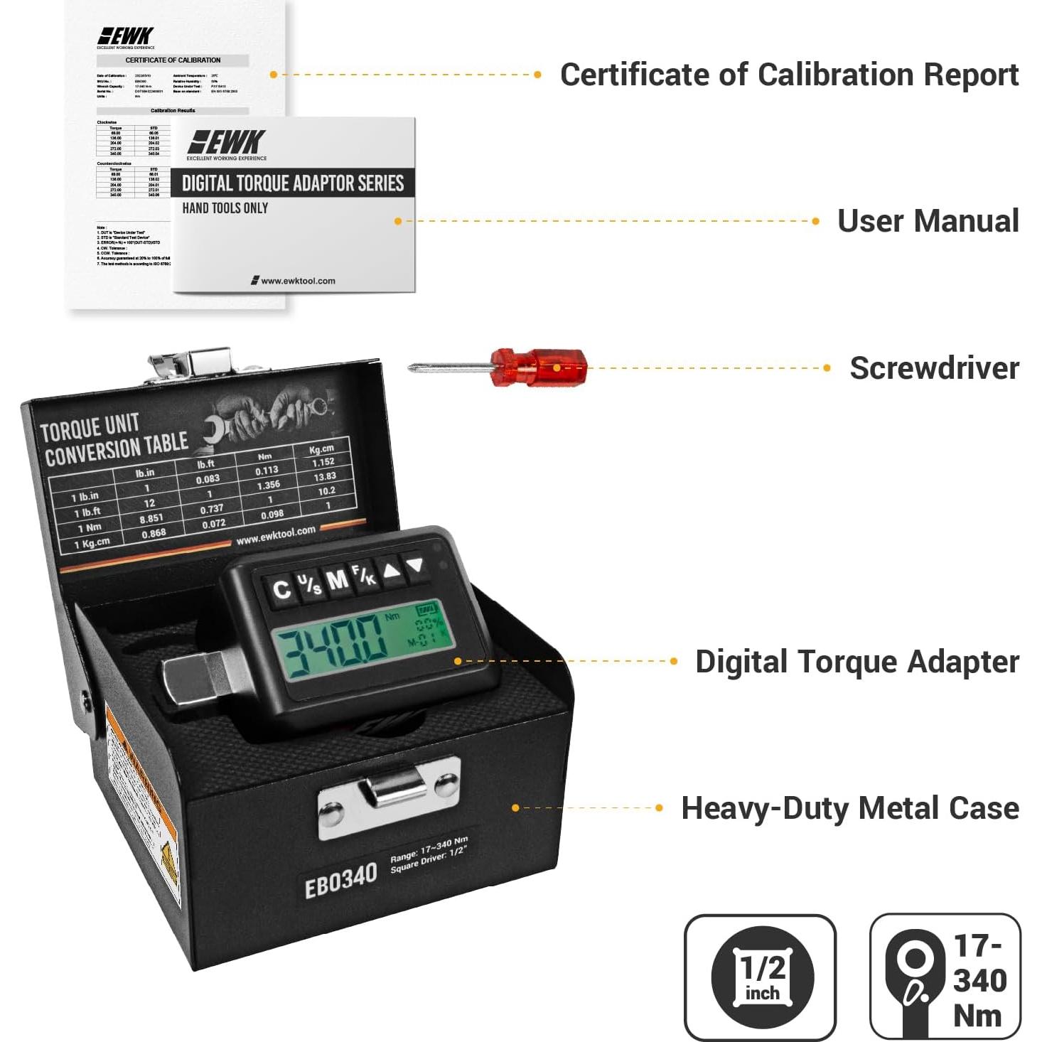 Adaptador de Par Digital EWK 1/2" 12.5-340 Nm con Pantalla LED