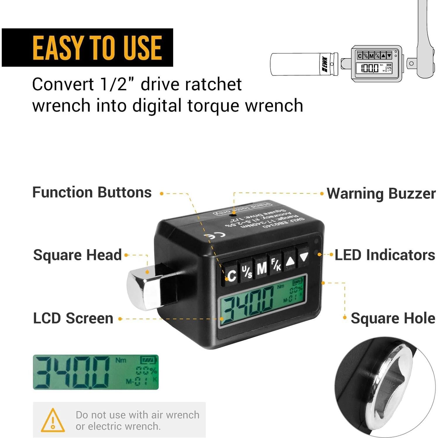 Adaptador de Par Digital EWK 1/2" 12.5-340 Nm con Pantalla LED