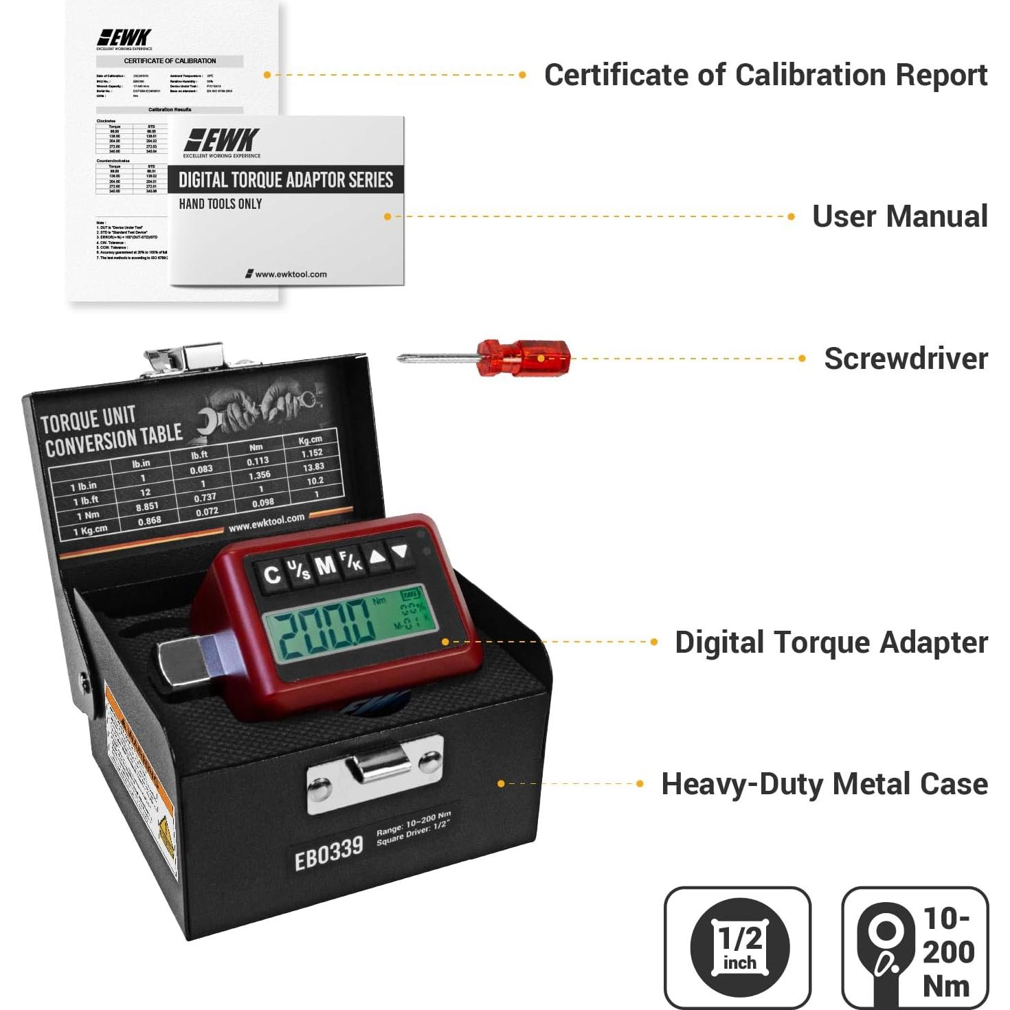 Adaptador de Par Digital EWK 1/2" 10-200 Nm con Pantalla LED