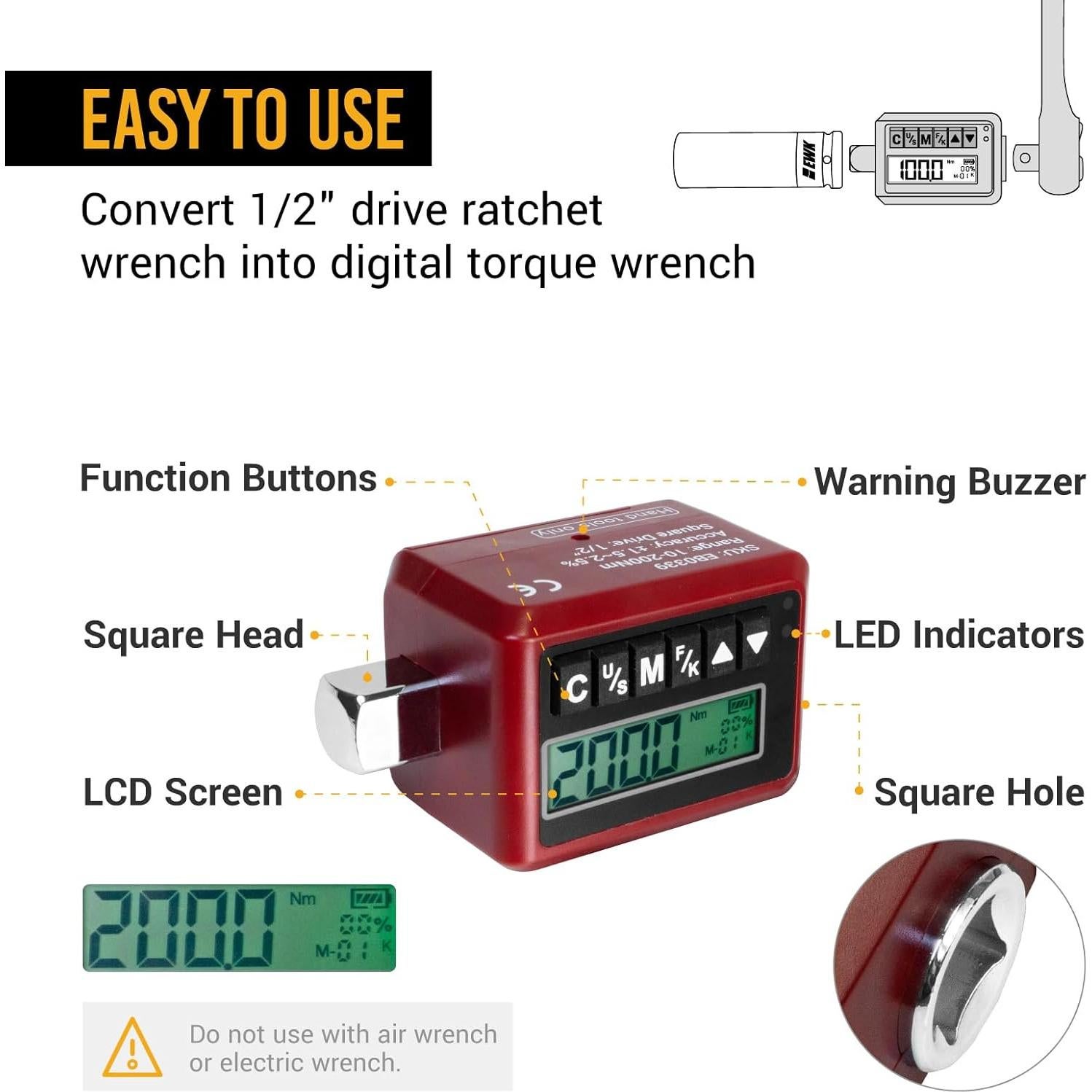 Adaptador de Par Digital EWK 1/2" 10-200 Nm con Pantalla LED
