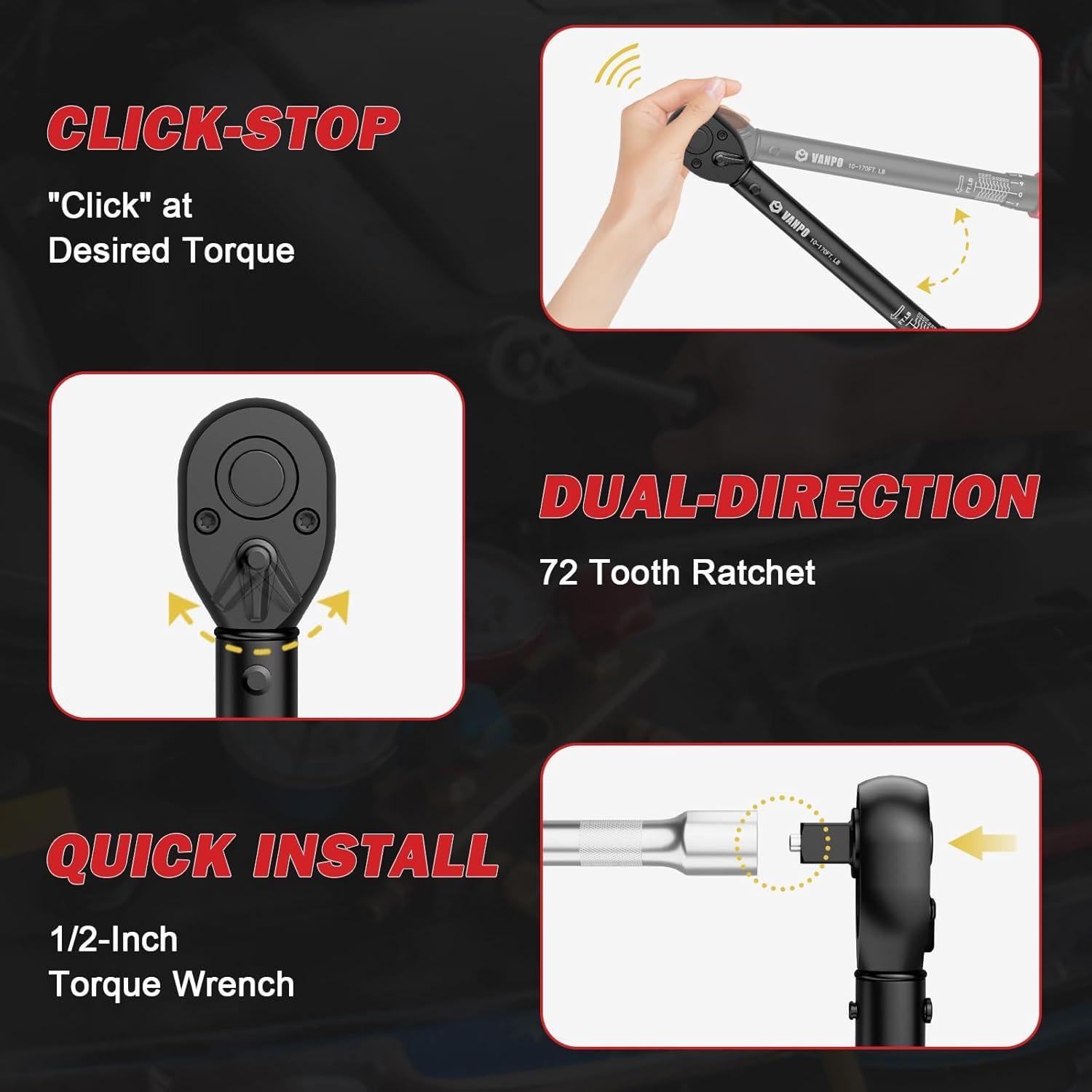 Llave de Torque 1/2" VANPO 10-170 Ft-Lb (13.6-230.5 Nm) Ajustable