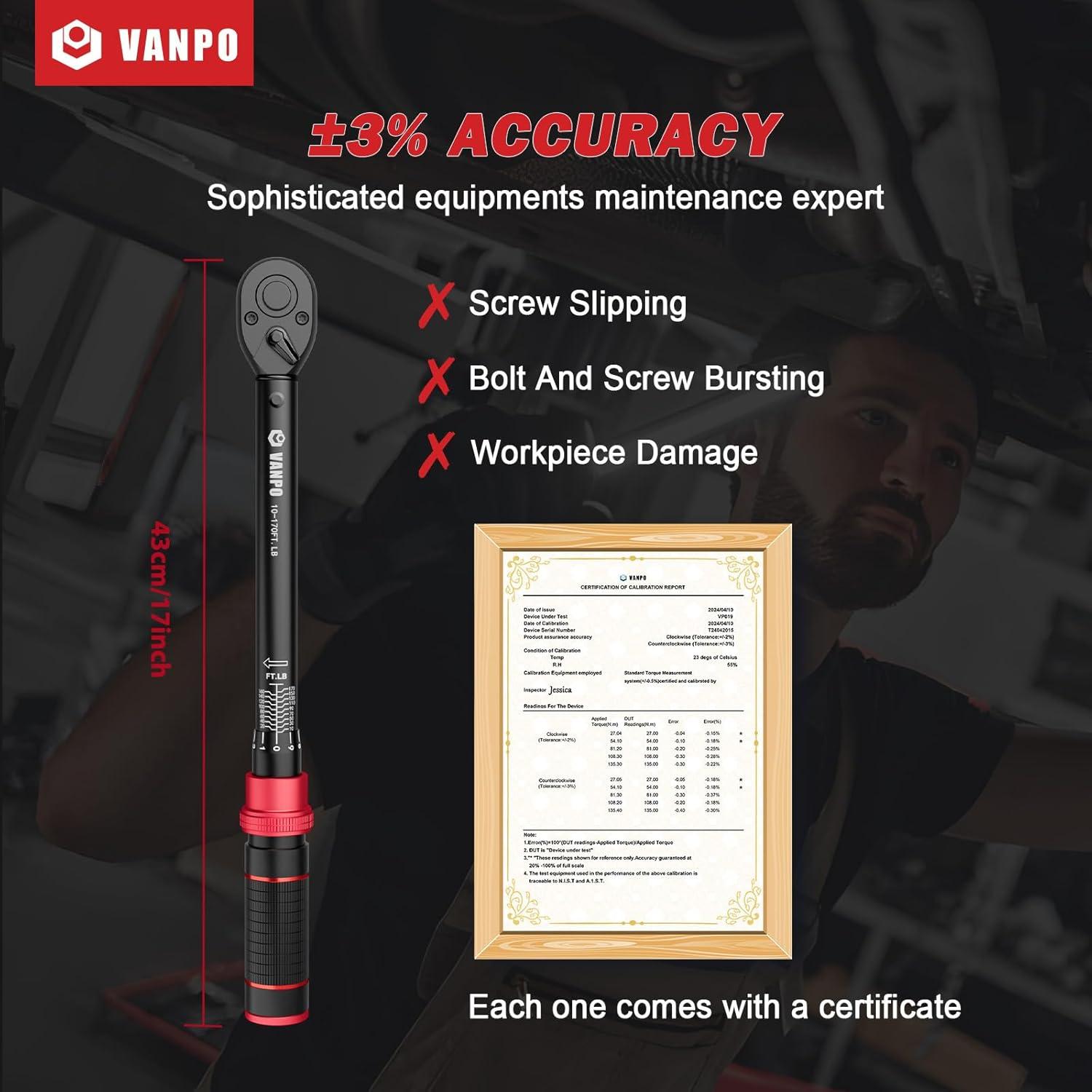 Llave de Torque 1/2" VANPO 10-170 Ft-Lb (13.6-230.5 Nm) Ajustable