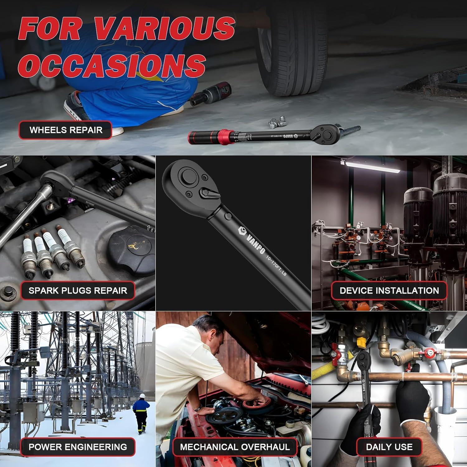 Llave de Torque 1/2" VANPO 10-170 Ft-Lb (13.6-230.5 Nm) Ajustable